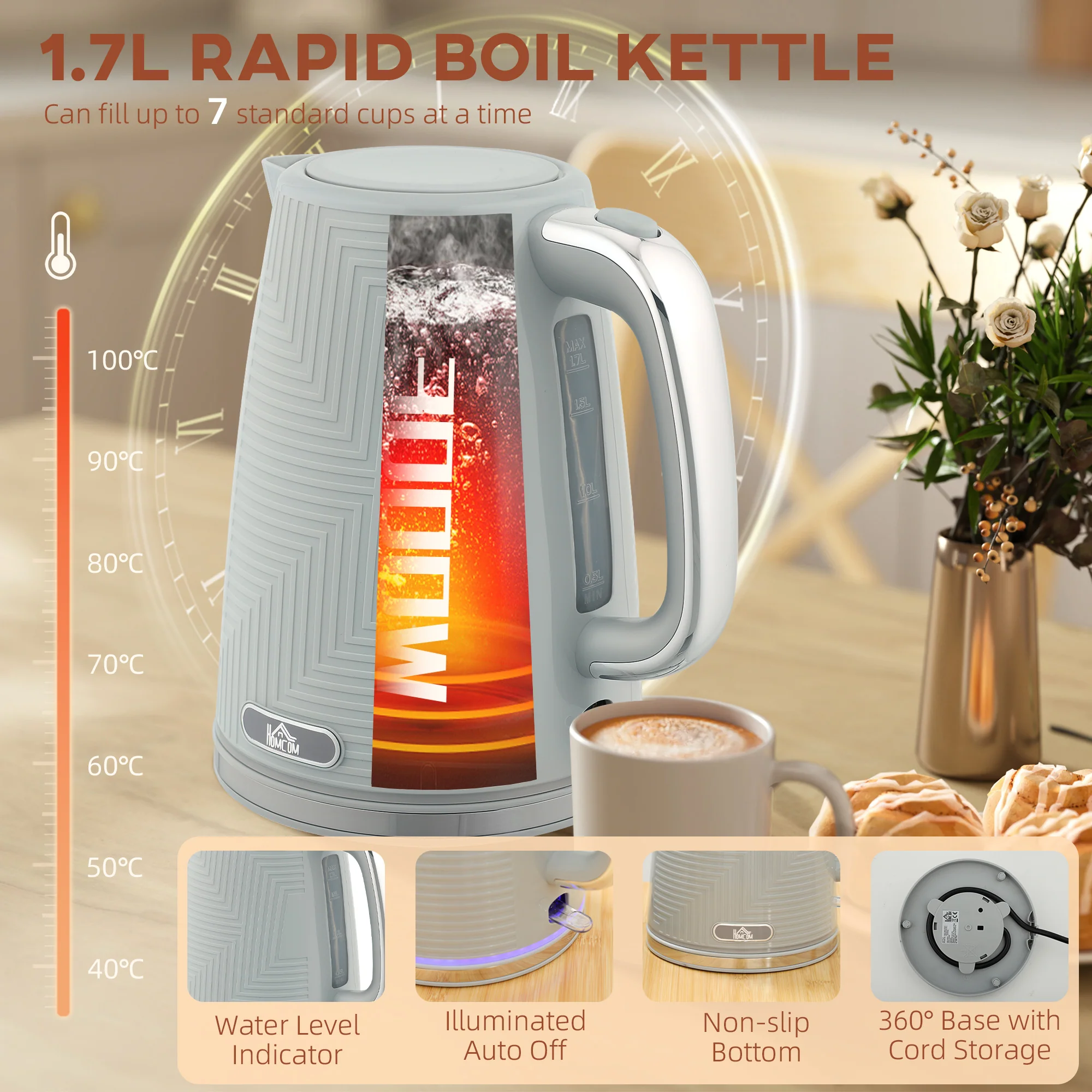 Kettle and Toaster Set, 1.7L 3000W Rapid Boil Jug Kettle with Otter Thermostat, Limescale Filter, 2 Slice Toaster with 7 Browning Controls, Crumb Tray, Grey - Image 6
