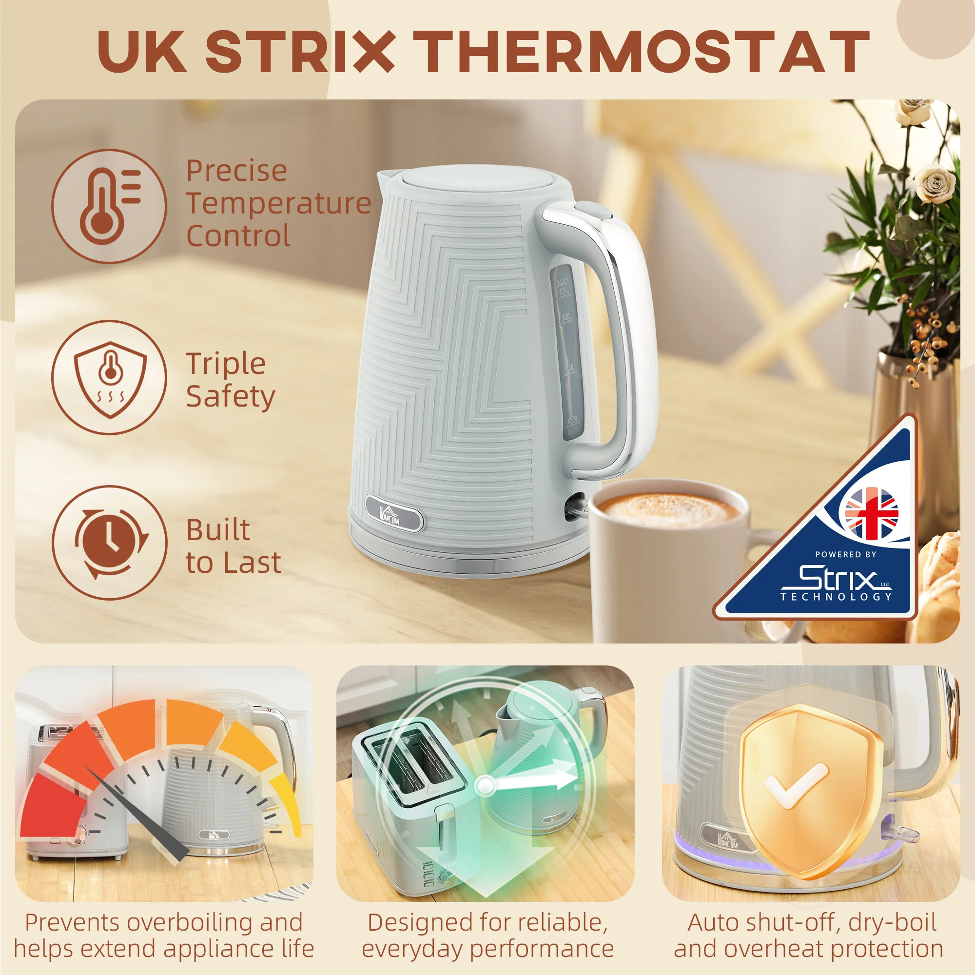 Kettle and Toaster Set, 1.7L 3000W Rapid Boil Jug Kettle with Otter Thermostat, Limescale Filter, 2 Slice Toaster with 7 Browning Controls, Crumb Tray, Grey - Image 7