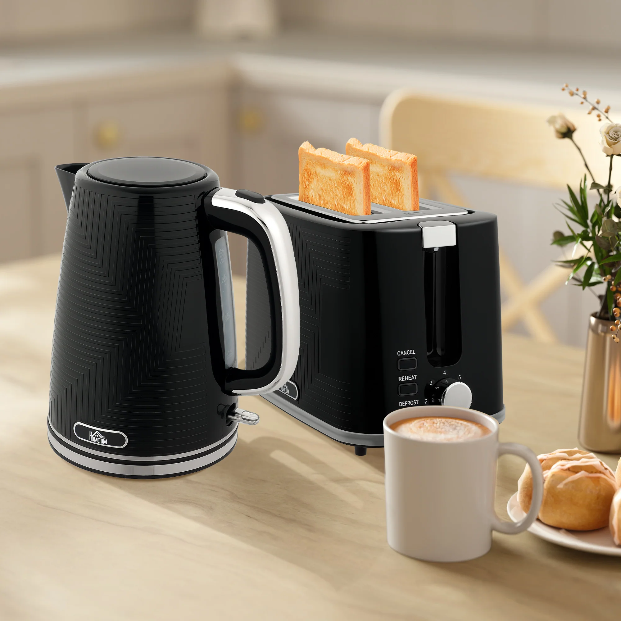 Kettle and Toaster Set, 1.7L 3000W Rapid Boil Jug Kettle with Otter Thermostat, Limescale Filter, 2 Slice Toaster with 7 Browning Controls, Crumb Tray, Black - Image 4