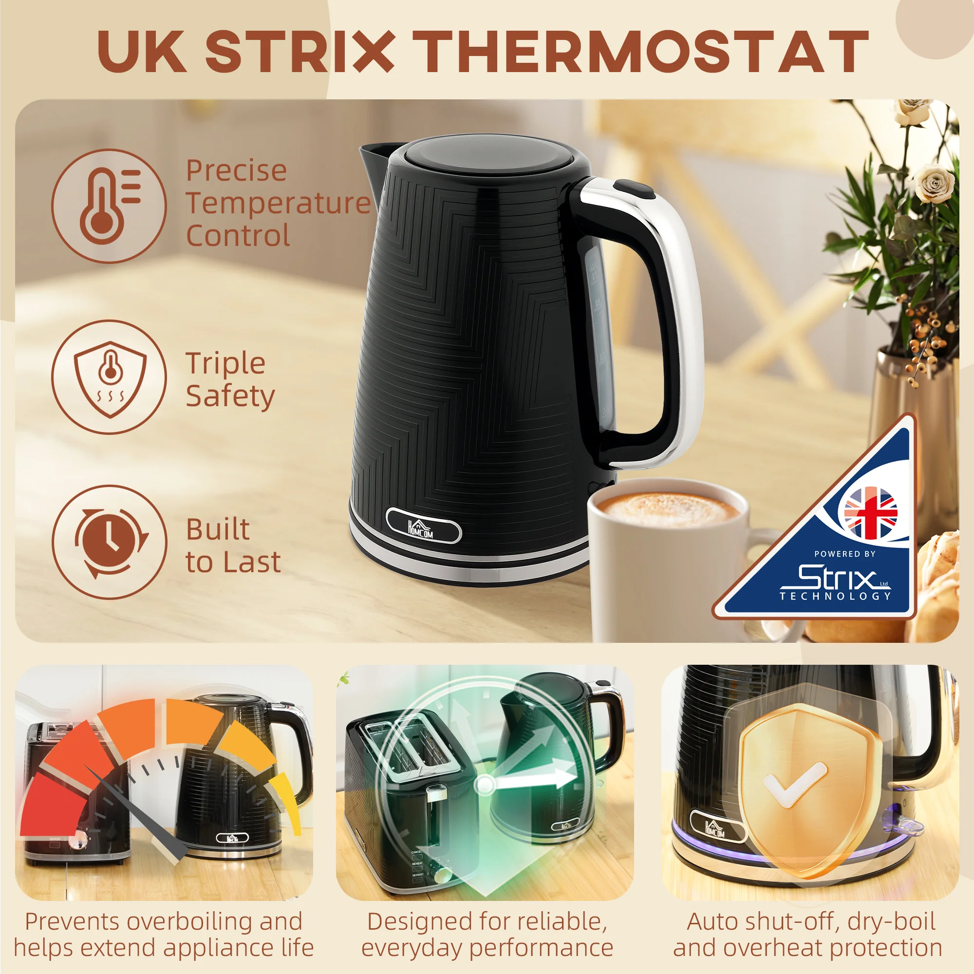Kettle and Toaster Set, 1.7L 3000W Rapid Boil Jug Kettle with Otter Thermostat, Limescale Filter, 2 Slice Toaster with 7 Browning Controls, Crumb Tray, Black - Image 7