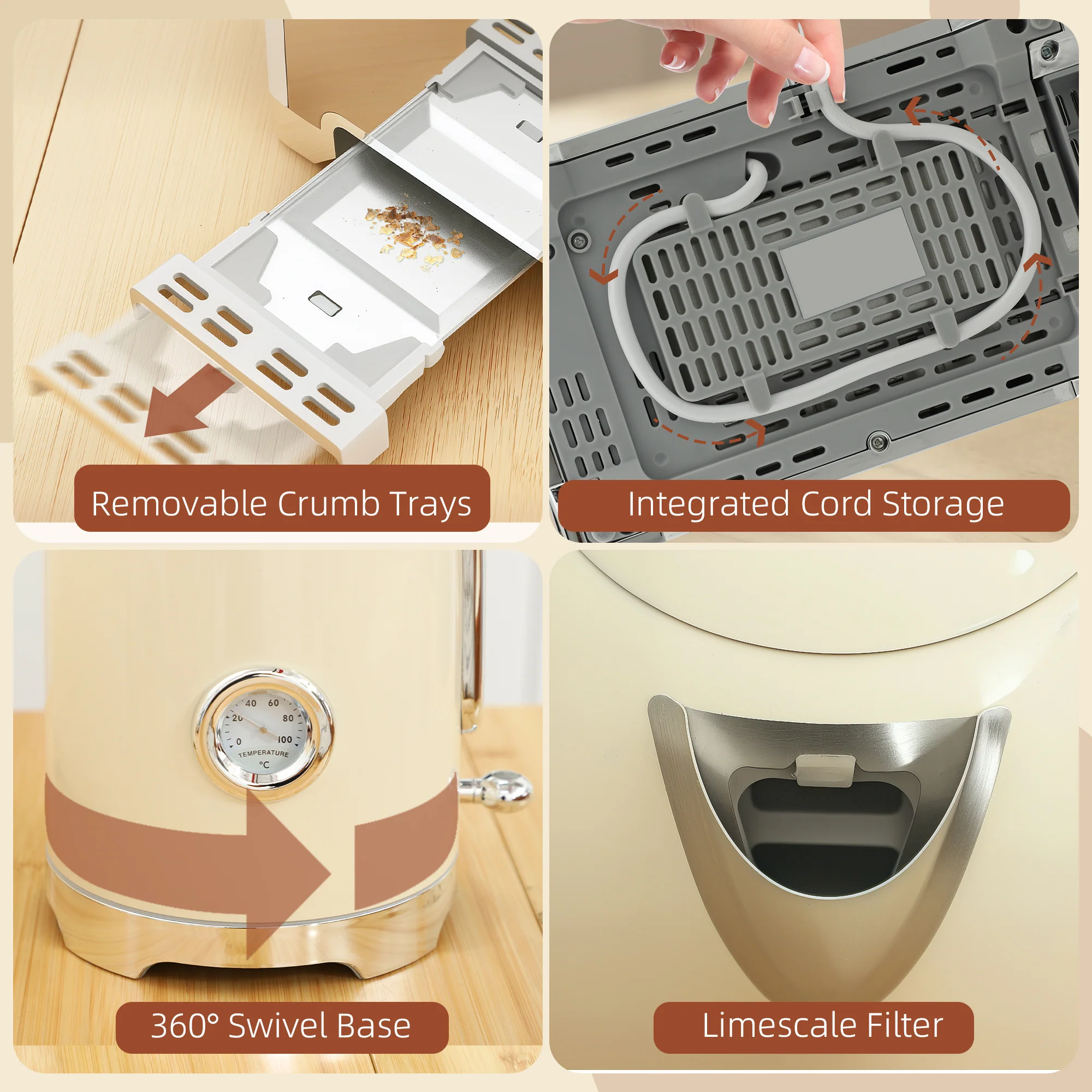 Kettle and Toaster Set with Temperature Gauge, 1.7L 3000W Rapid Boil Jug Kettle with Otter Thermostat, Limescale Filter, 2 Slice Toaster with 7 Browning Controls, Crumb Tray, Cream - Image 11