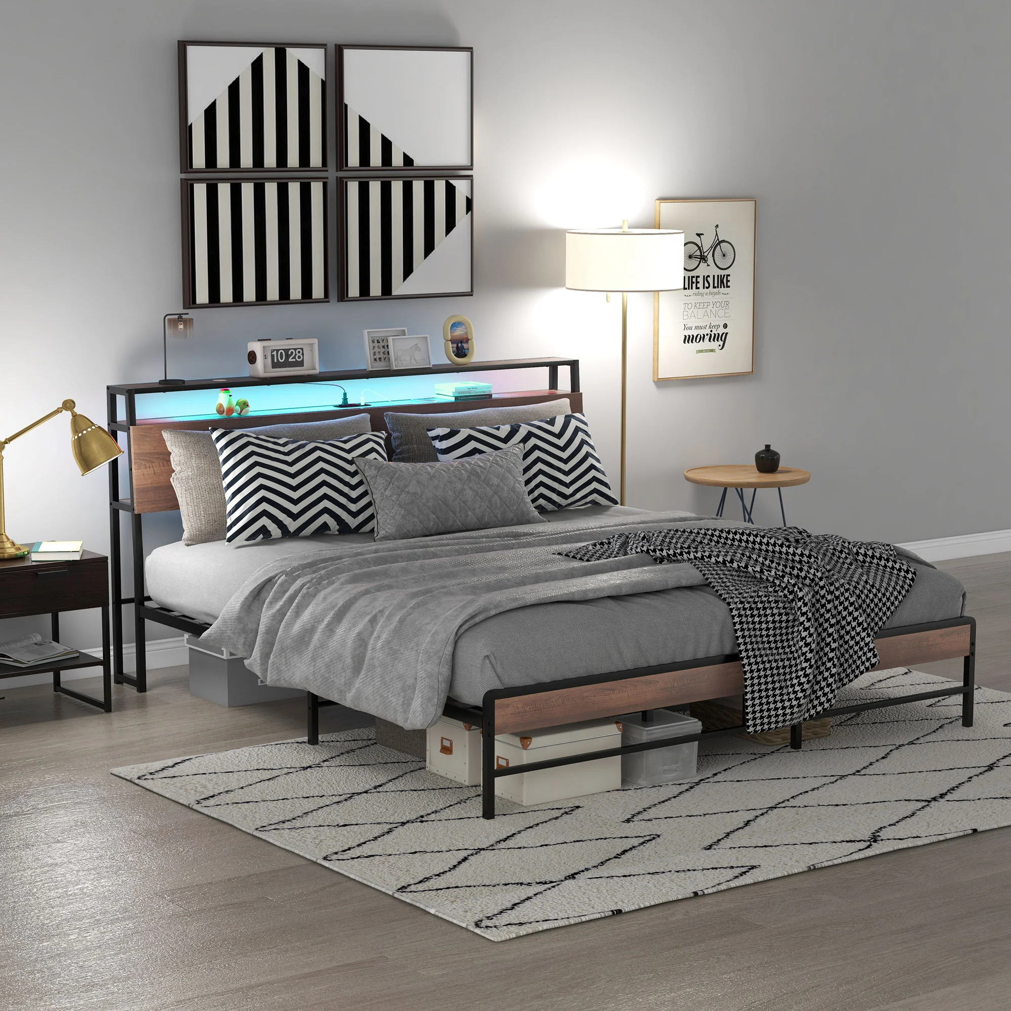 King Size Bed Frame w/ LED Lights,Charging Station & Storage Headboard, Noise Free, Walnut - Image 4