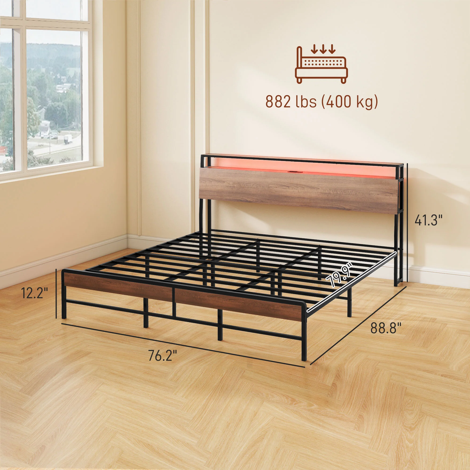 King Size Bed Frame w/ LED Lights,Charging Station & Storage Headboard, Noise Free, Walnut - Image 5