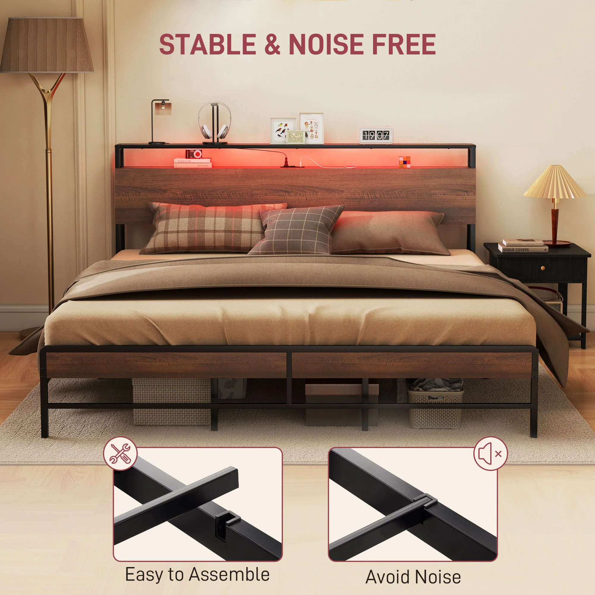 King Size Bed Frame w/ LED Lights,Charging Station & Storage Headboard, Noise Free, Walnut - Image 8