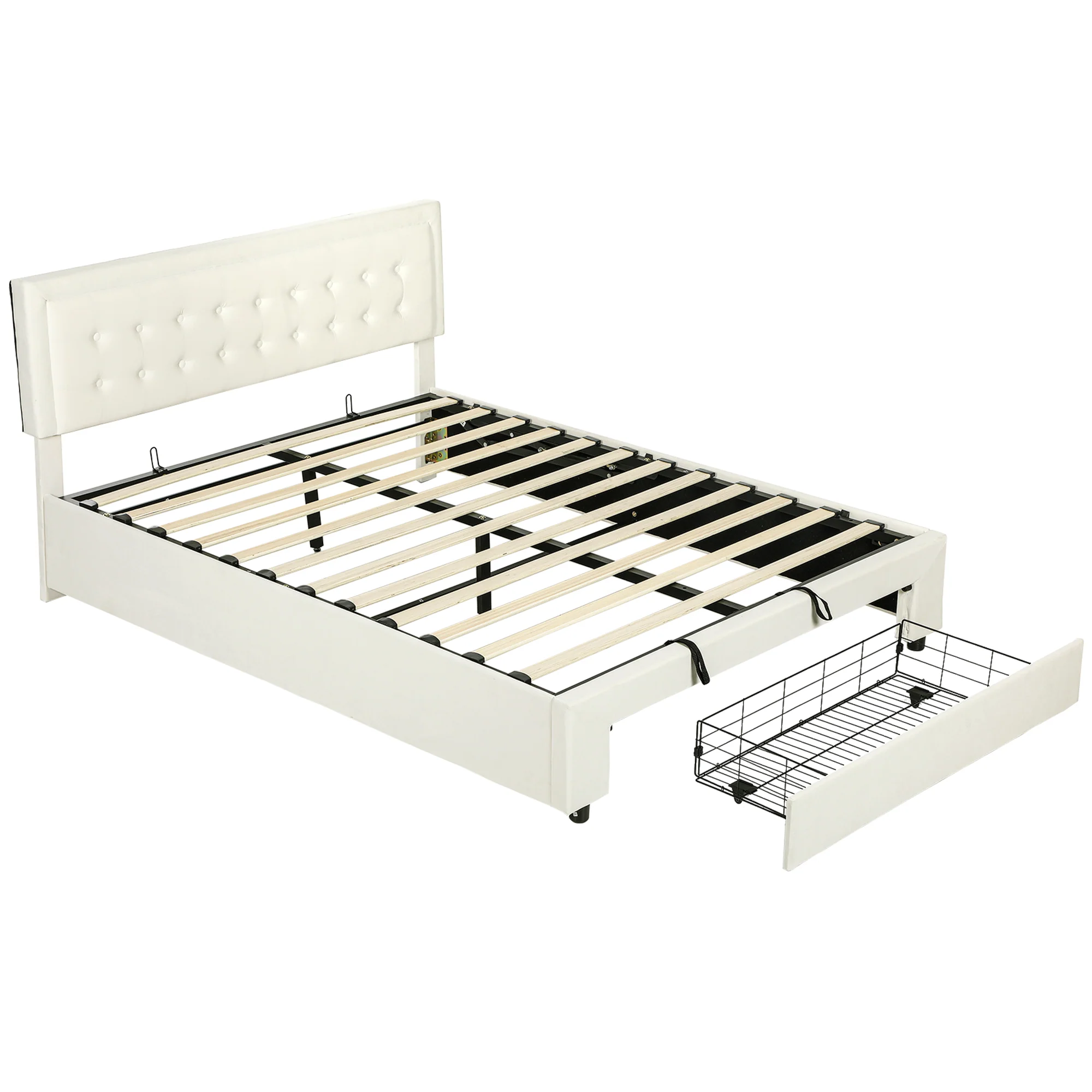 King Size Ottoman Bed Frame, 5ft Gas Lift Storage Bed with 2-Level Adjustable Velvet Upholstered Headboard, Wheeled Drawer and Wooden Slats, No Mattress, Cream White - Image 2