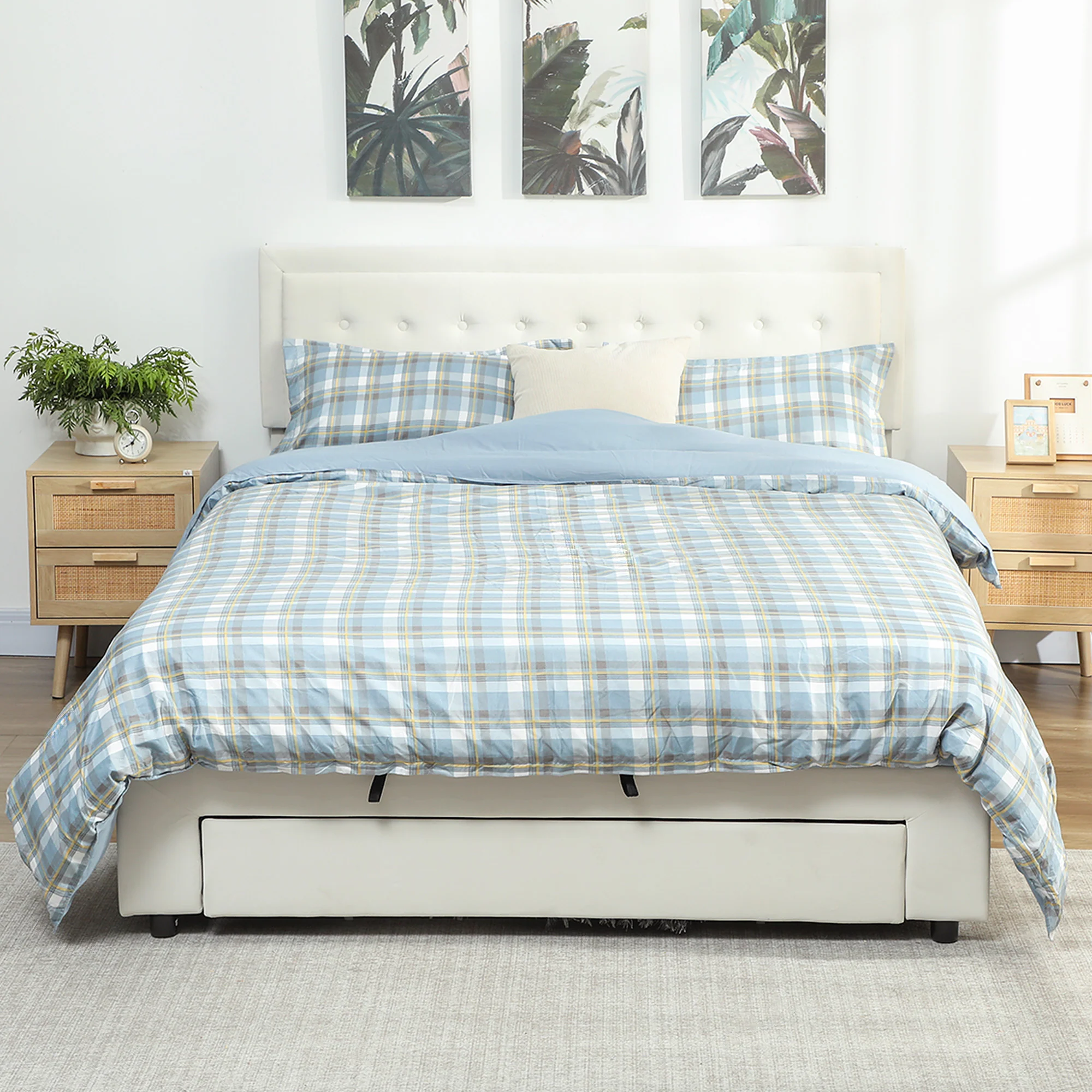 King Size Ottoman Bed Frame, 5ft Gas Lift Storage Bed with 2-Level Adjustable Velvet Upholstered Headboard, Wheeled Drawer and Wooden Slats, No Mattress, Cream White - Image 3
