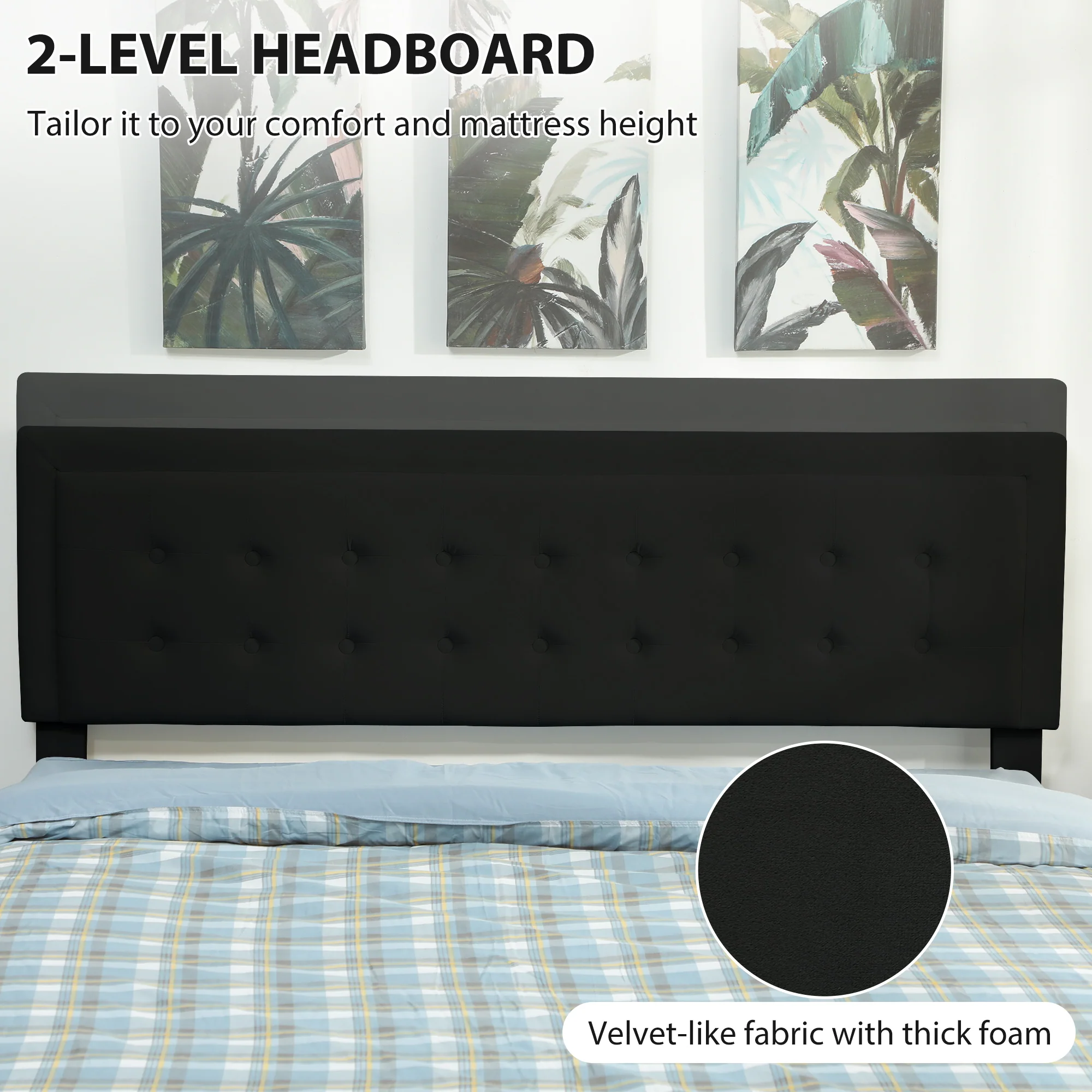King Size Ottoman Bed Frame, 5ft Gas Lift Storage Bed with 2-Level Adjustable Velvet Upholstered Headboard, Wheeled Drawer and Wooden Slats, No Mattress, Black - Image 7