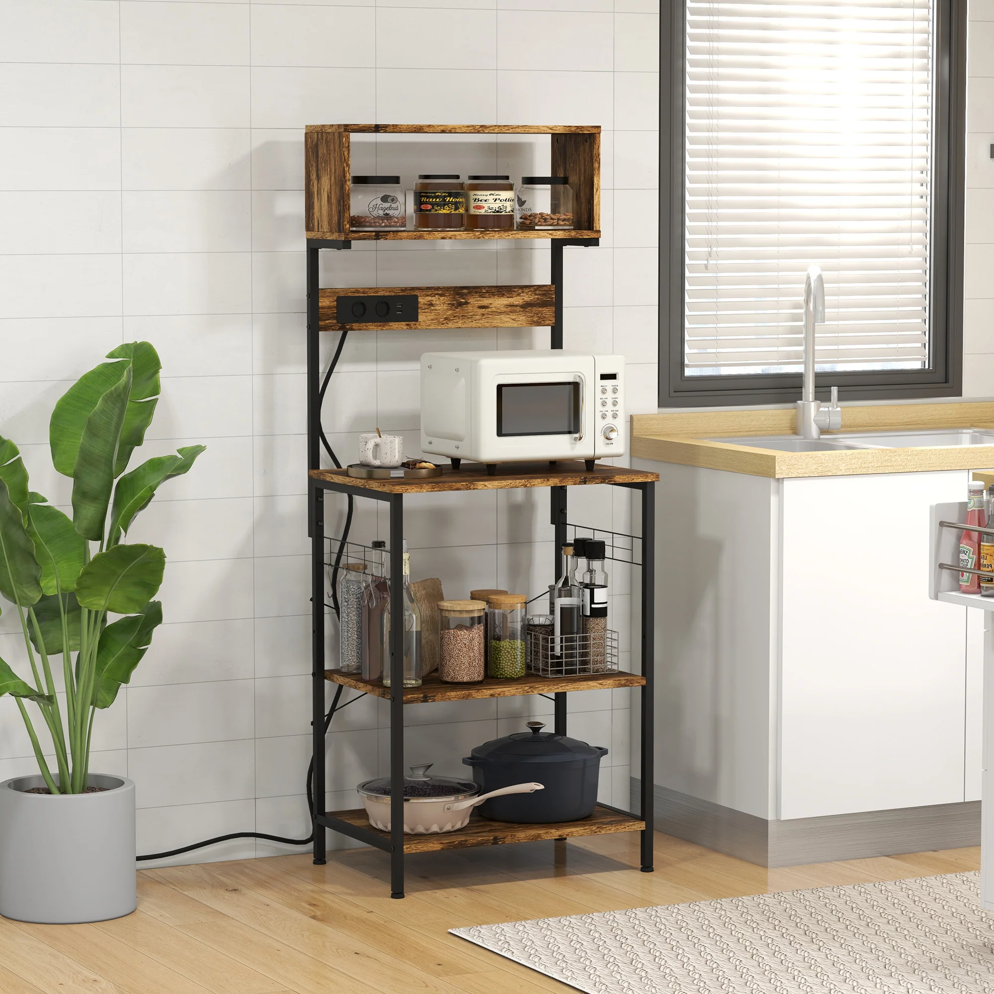 Kitchen Bakers Rack with Power Outlet and USB Charger, Rustic Brown - Image 3