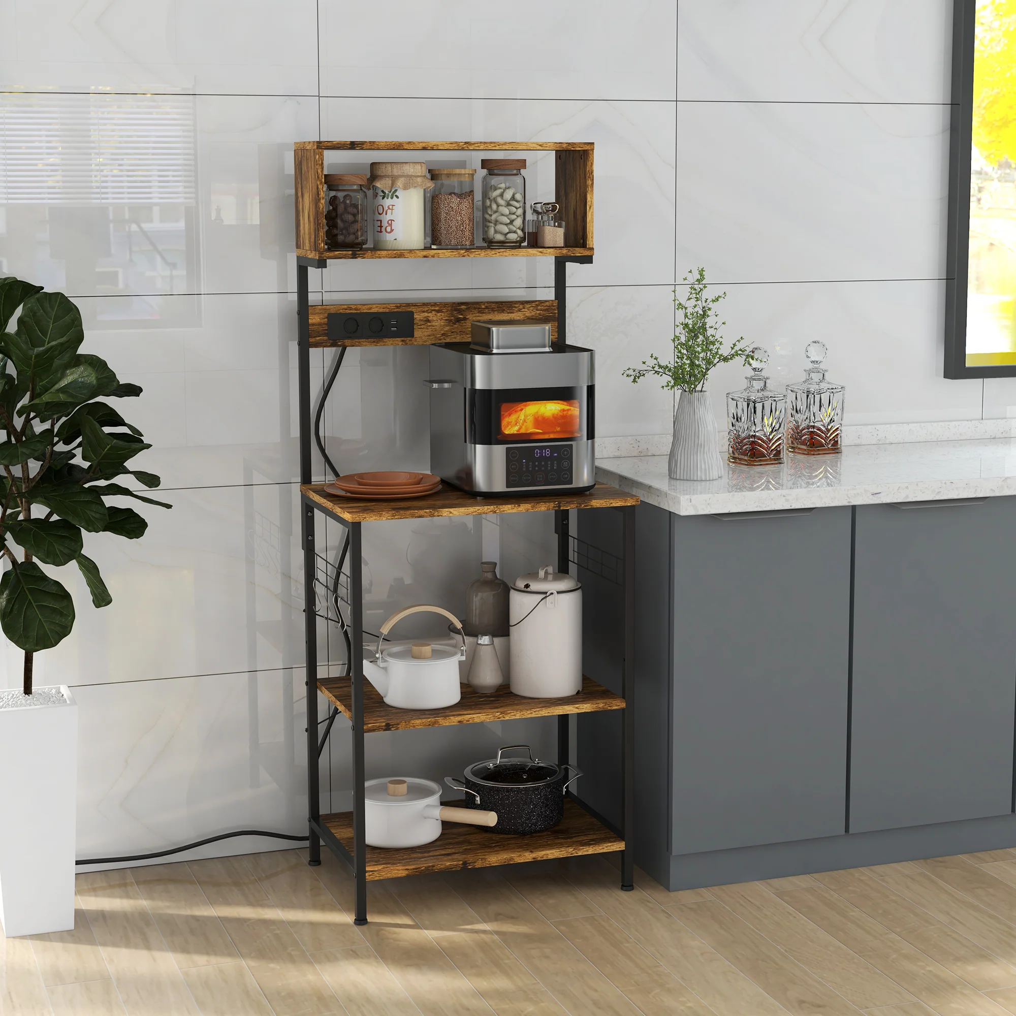 Kitchen Bakers Rack with Power Outlet and USB Charger, Rustic Brown - Image 4