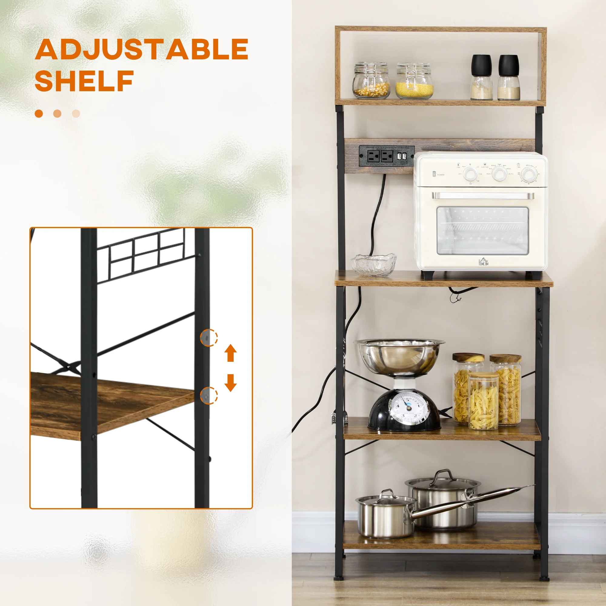 Kitchen Bakers Rack with Power Outlet and USB Charger, Rustic Brown - Image 7