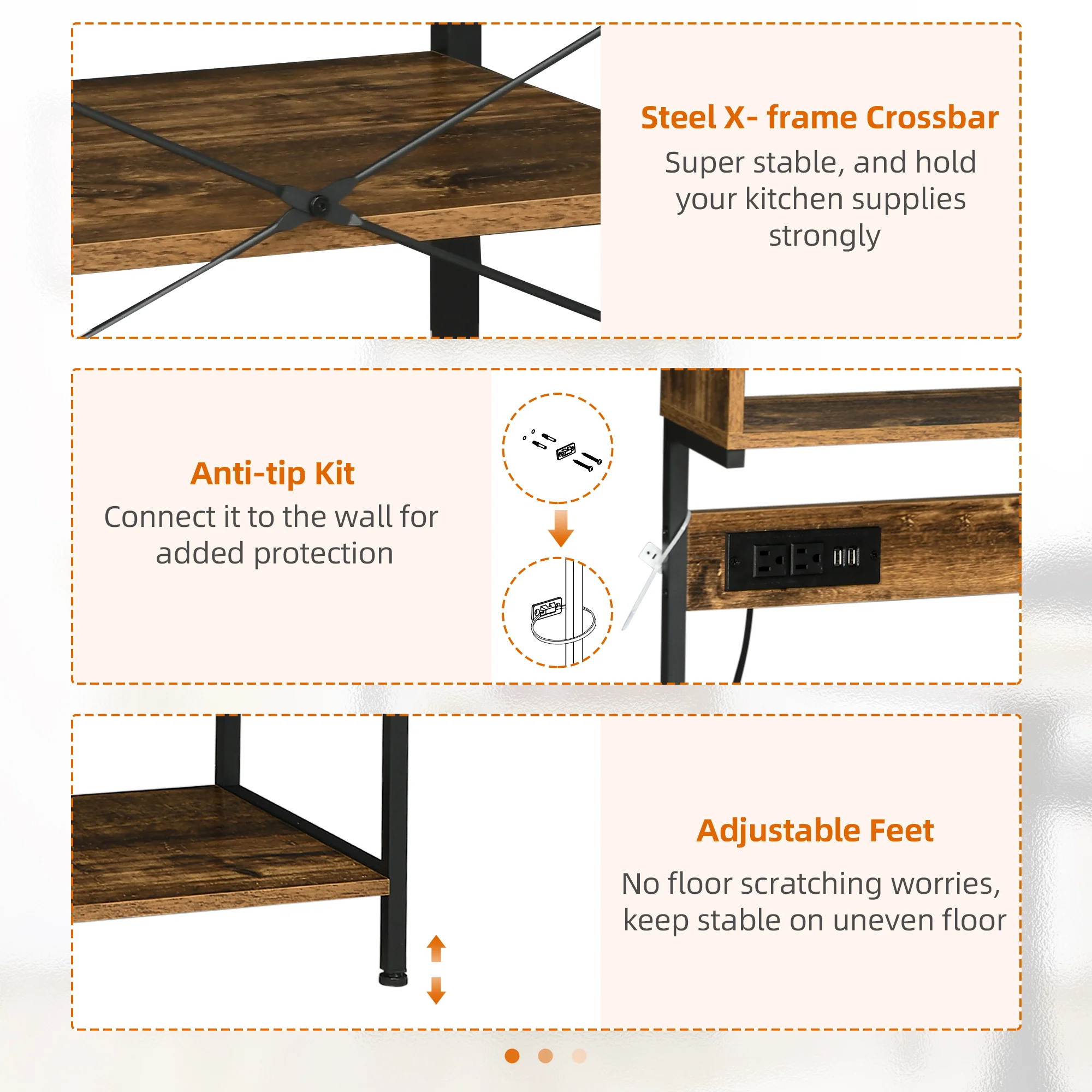 Kitchen Bakers Rack with Power Outlet and USB Charger, Rustic Brown - Image 9