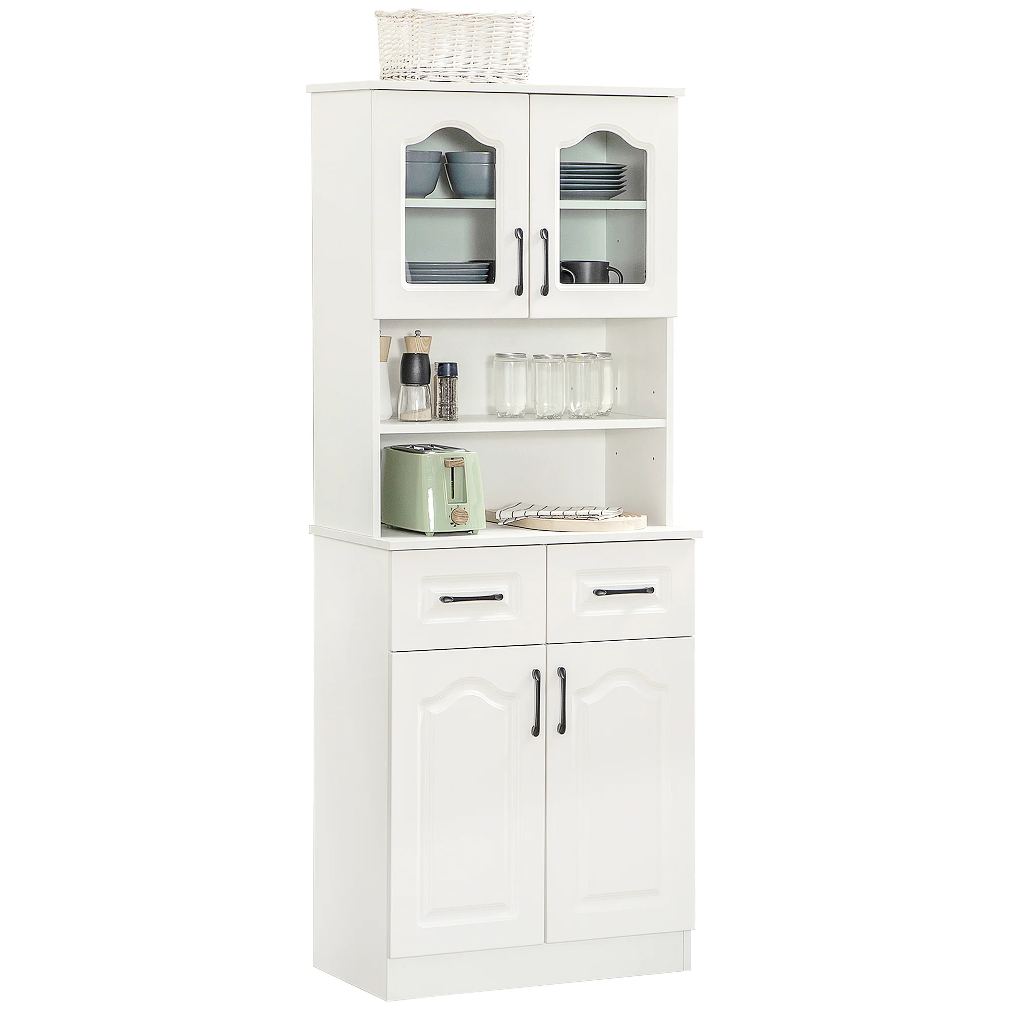 Kitchen Cupboard, Freestanding Storage Cabinet with 2 Adjustable Shelves, 2 Drawers and Open Counter for Living Room, Dining Room, 168cm, White
