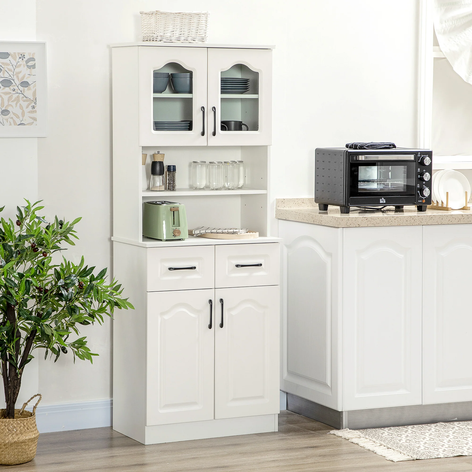 Kitchen Cupboard, Freestanding Storage Cabinet with 2 Adjustable Shelves, 2 Drawers and Open Counter for Living Room, Dining Room, 168cm, White - Image 3
