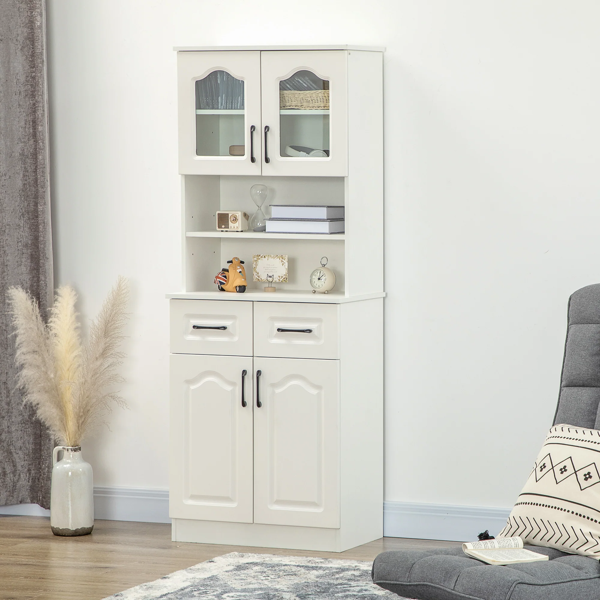 Kitchen Cupboard, Freestanding Storage Cabinet with 2 Adjustable Shelves, 2 Drawers and Open Counter for Living Room, Dining Room, 168cm, White - Image 4