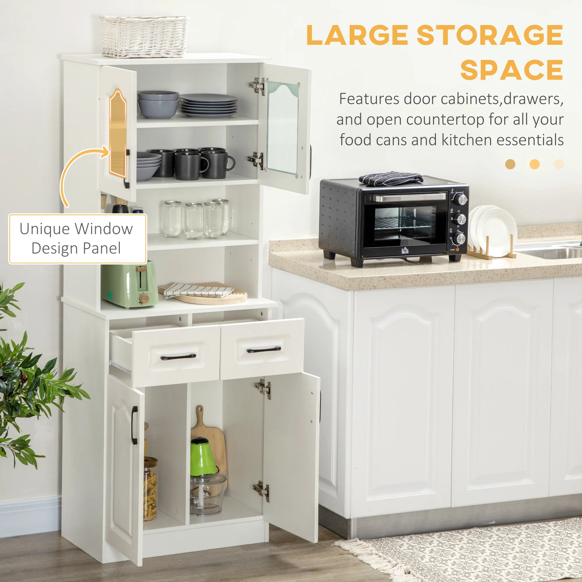 Kitchen Cupboard, Freestanding Storage Cabinet with 2 Adjustable Shelves, 2 Drawers and Open Counter for Living Room, Dining Room, 168cm, White - Image 6