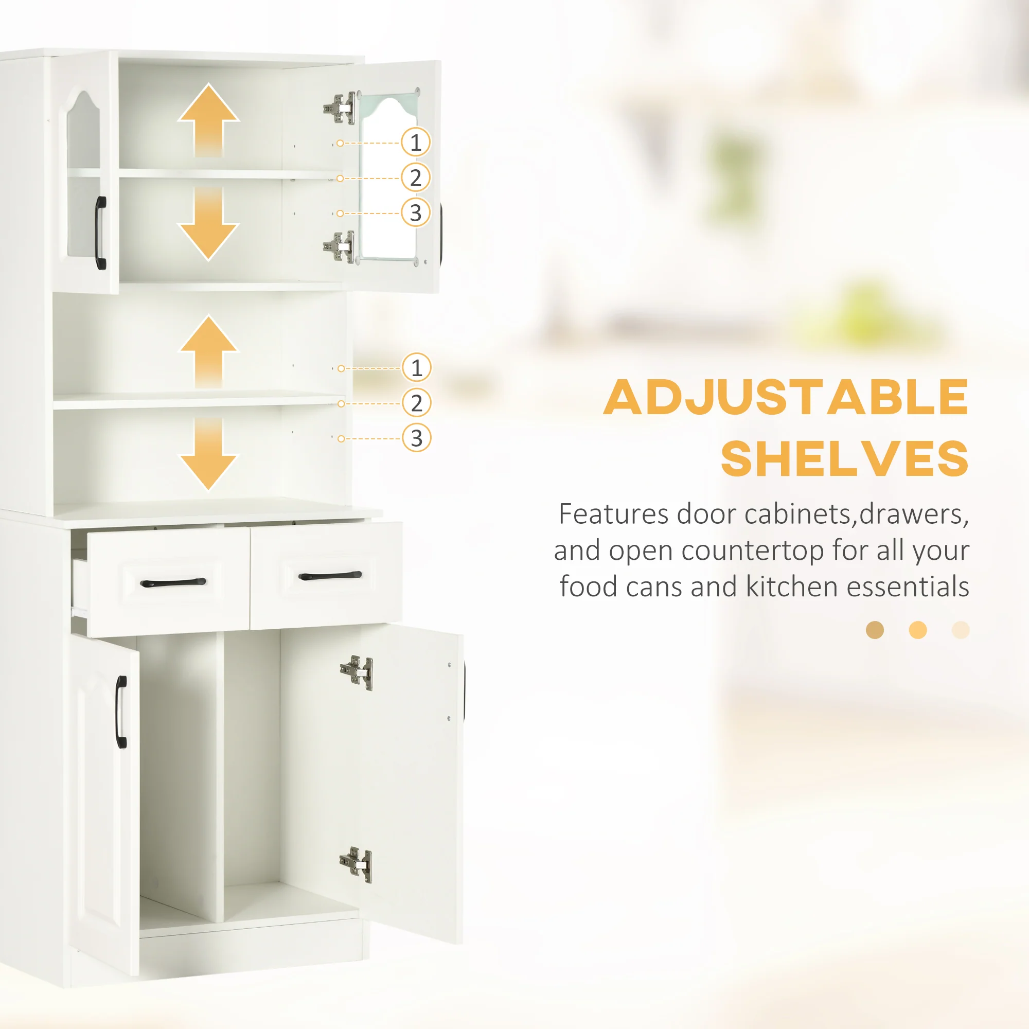 Kitchen Cupboard, Freestanding Storage Cabinet with 2 Adjustable Shelves, 2 Drawers and Open Counter for Living Room, Dining Room, 168cm, White - Image 7