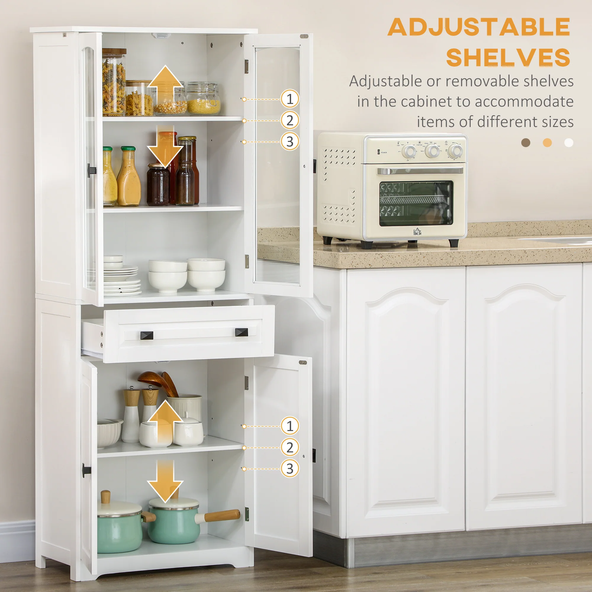 Kitchen Cupboard, Freestanding Storage Cabinet with 2 Adjustable Shelves, Drawer and Glass Door for Living Room, Dining Room, 160cm, White - Image 7