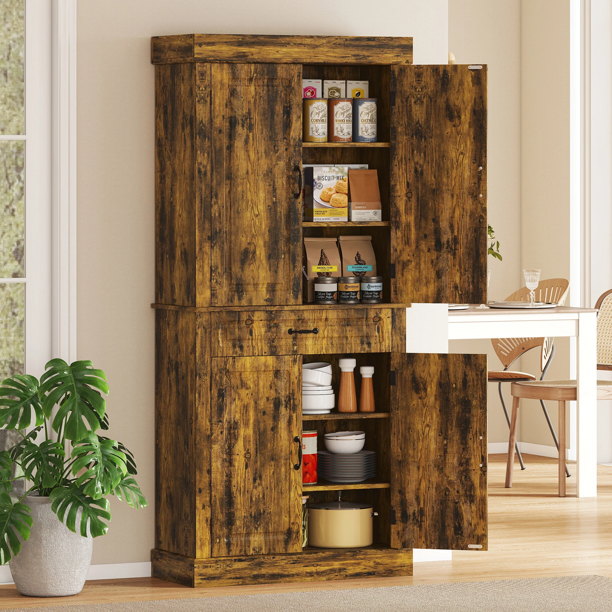 Kitchen Cupboard with 4 Doors, Freestanding Storage Cabinet with Wide Drawer and Shelves for Living Room, 180cm,Brown - Image 10