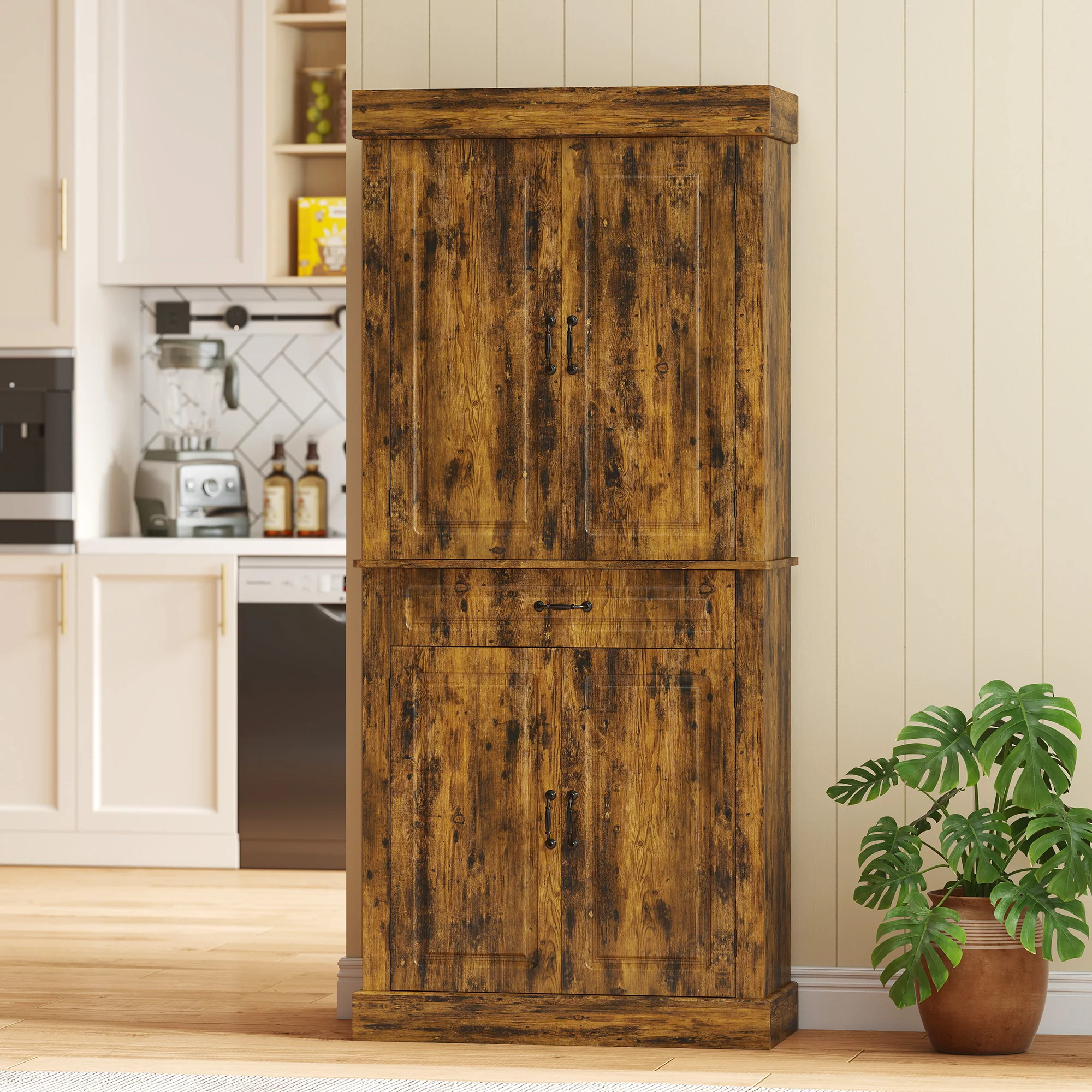 Kitchen Cupboard with 4 Doors, Freestanding Storage Cabinet with Wide Drawer and Shelves for Living Room, 180cm,Brown - Image 4