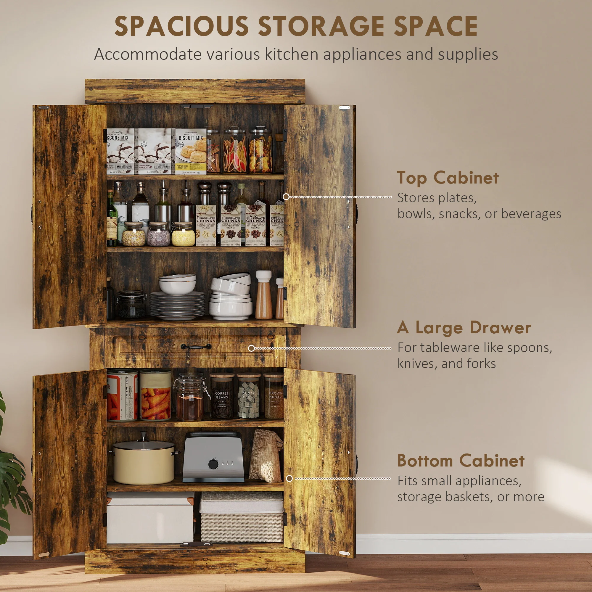 Kitchen Cupboard with 4 Doors, Freestanding Storage Cabinet with Wide Drawer and Shelves for Living Room, 180cm,Brown - Image 6