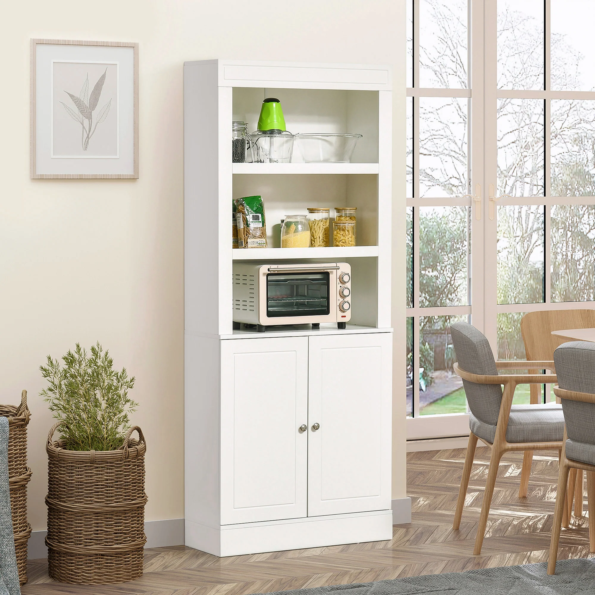 Kitchen Cupboard with 6-tier Shelving, Freestanding Storage Cabinet Sideboard, Pantry Cupboard with 3 Open Compartments and Double-door Cabinet with Adjustable Shelves, White - Image 3