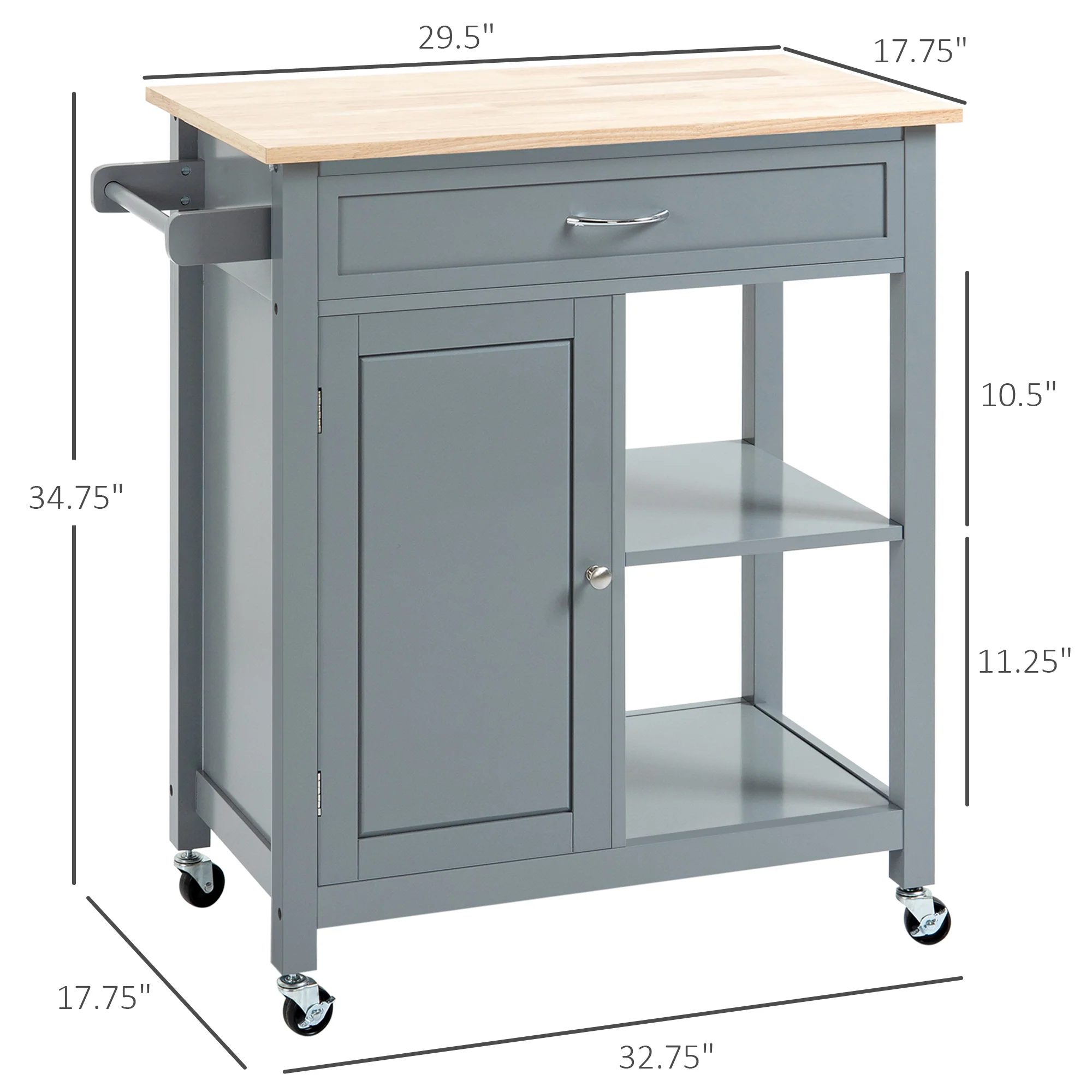 Kitchen Island Cart Rolling Kitchen Island 32.75" W x 17.75" D x 34.75" H Gray - Image 5
