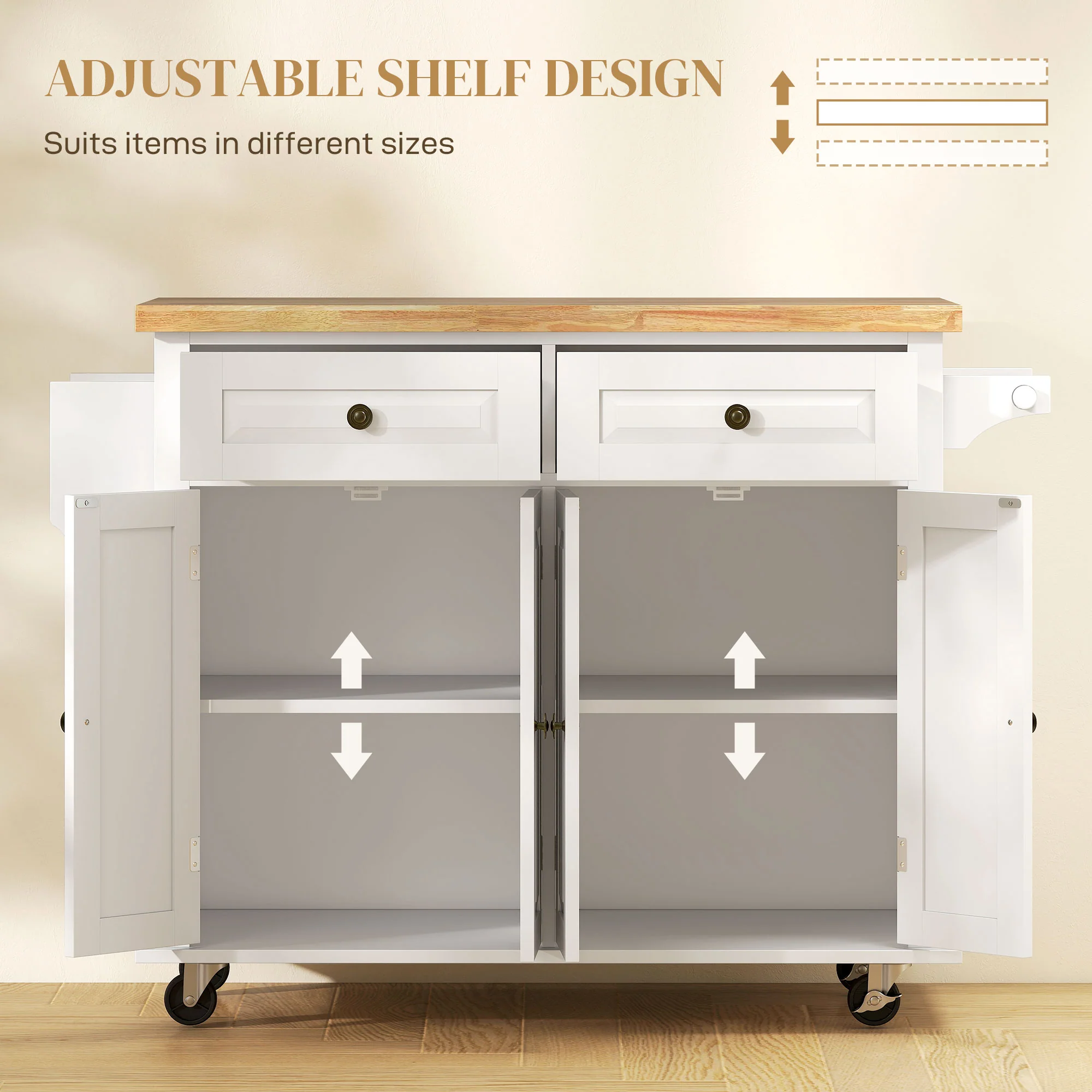 GlideSpace Rolling Kitchen Island with Rubberwood Top and Spice Rack for Kitchen, White - Image 7