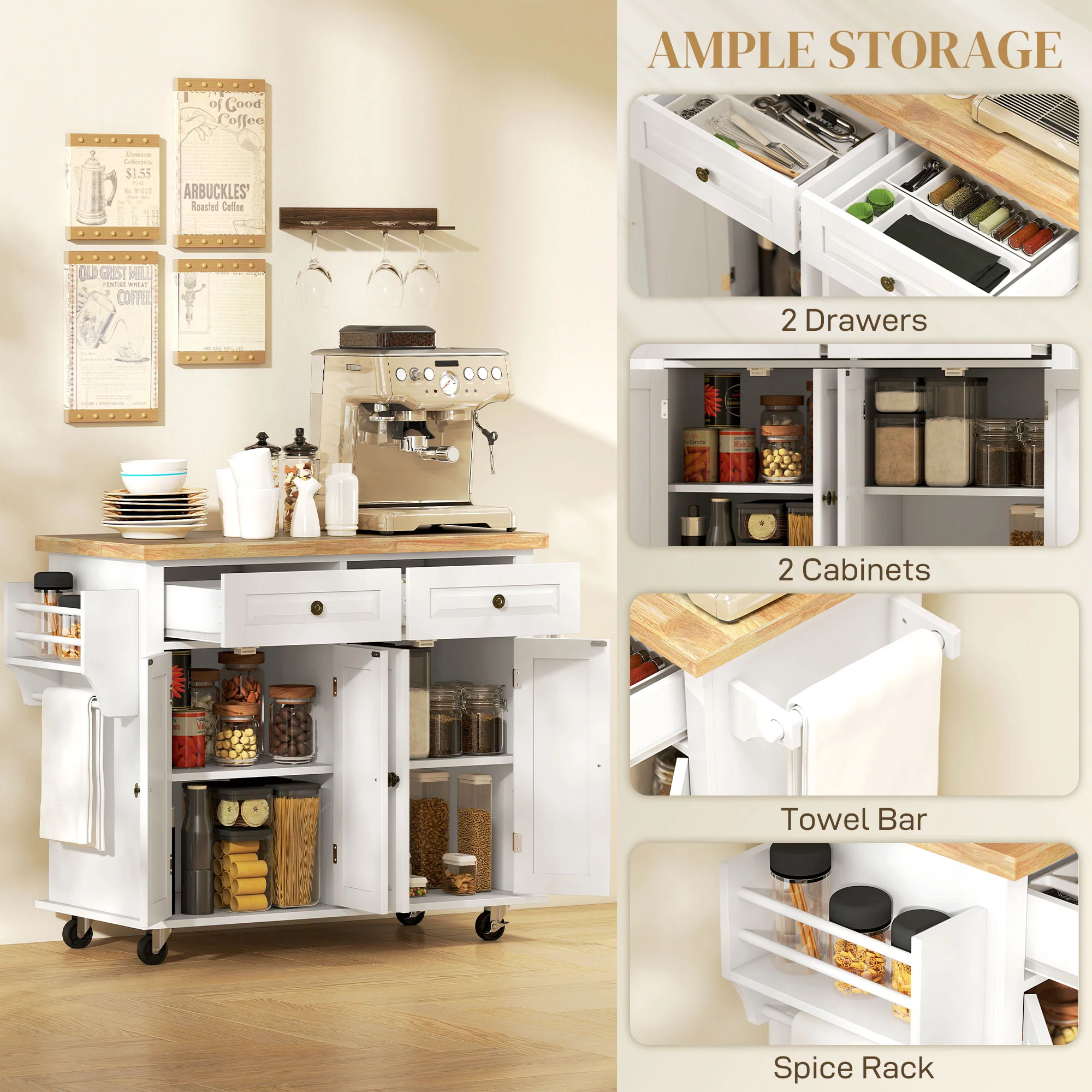 GlideSpace Rolling Kitchen Island with Rubberwood Top and Spice Rack for Kitchen, White - Image 8