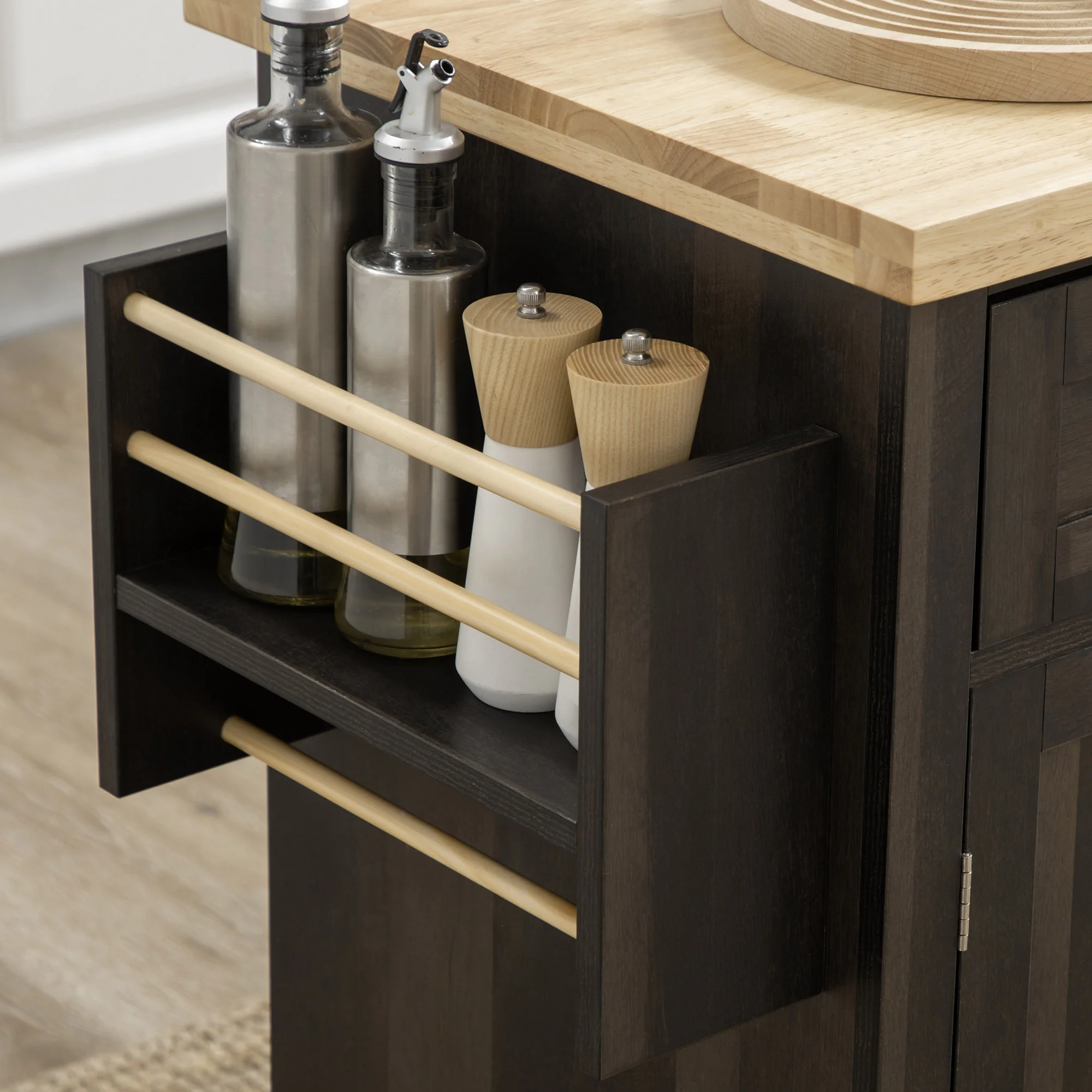 GlideSpace 44"W Butcher Block Cart, Movable Kitchen Island with Cabinets, Brown Oak - Image 13