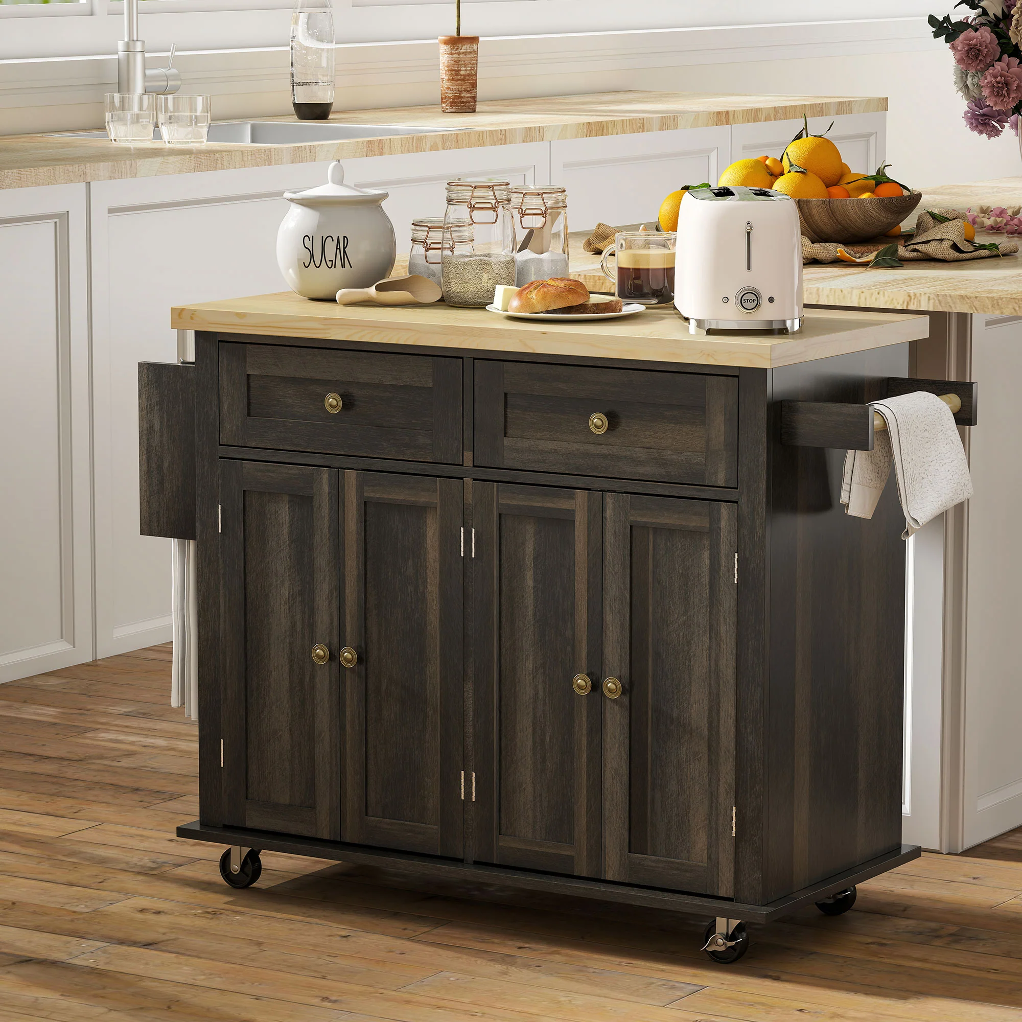 GlideSpace 44"W Butcher Block Cart, Movable Kitchen Island with Cabinets, Brown Oak - Image 4