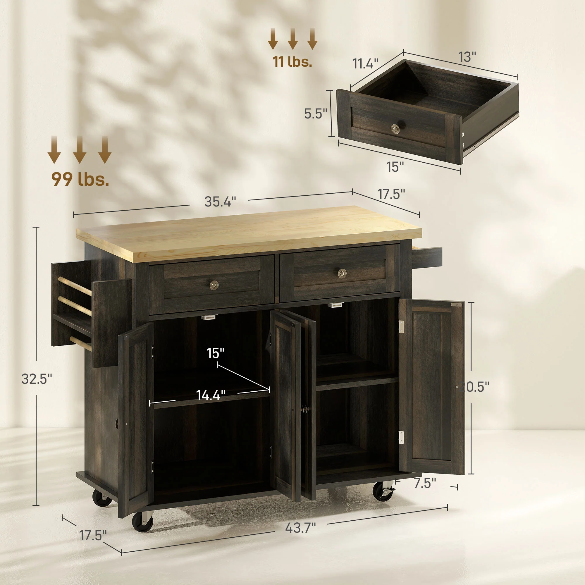 GlideSpace 44"W Butcher Block Cart, Movable Kitchen Island with Cabinets, Brown Oak - Image 5