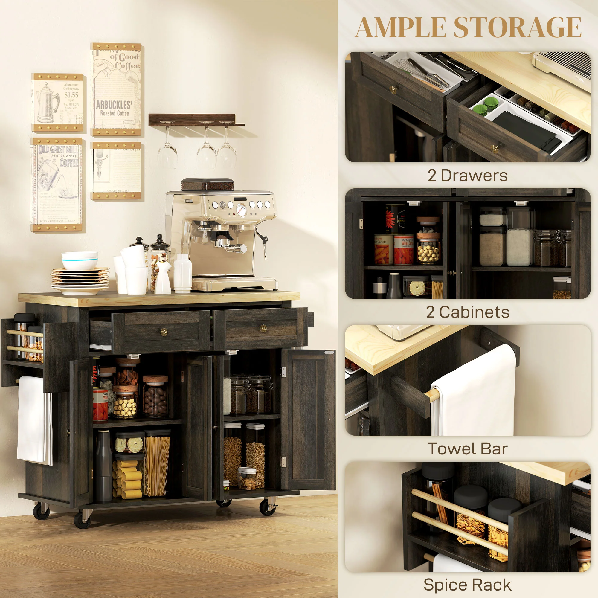 GlideSpace 44"W Butcher Block Cart, Movable Kitchen Island with Cabinets, Brown Oak - Image 8