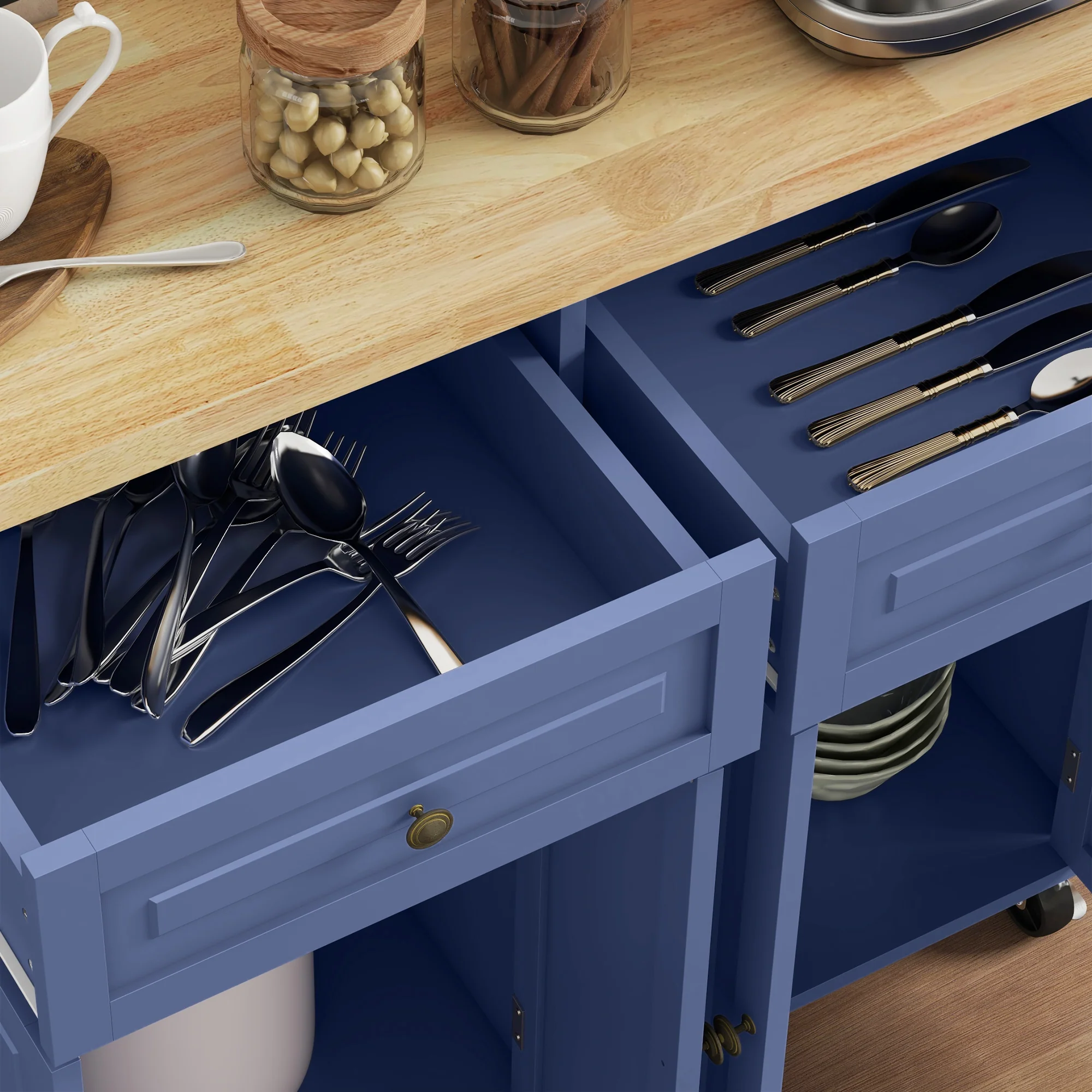 GlideSpace 44"W Butcher Block Cart, Movable Kitchen Island with Cabinets, Navy Blue - Image 11