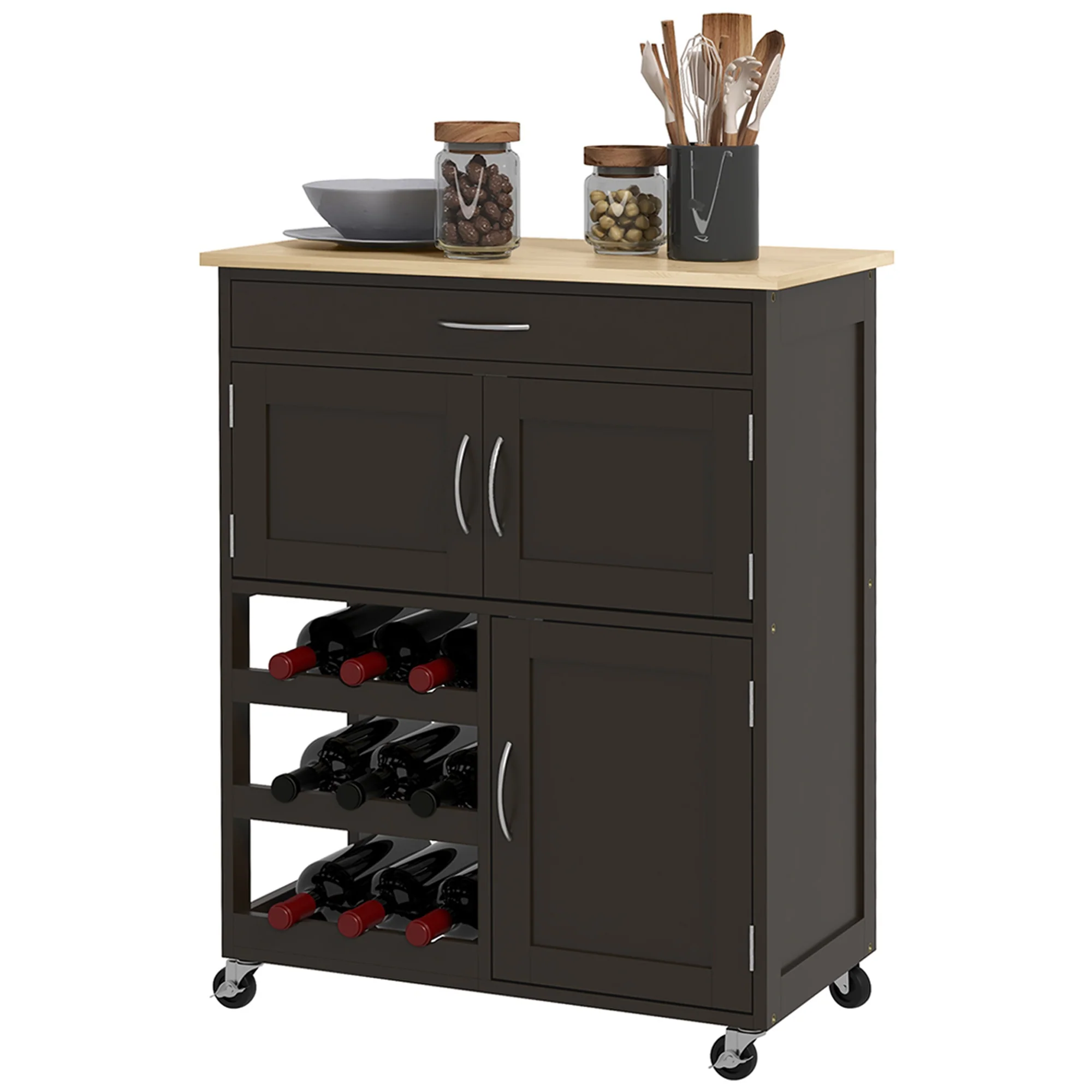 Stainless Steel Kitchen Cart on Wheels with Storage Drawer, Black - Image 2
