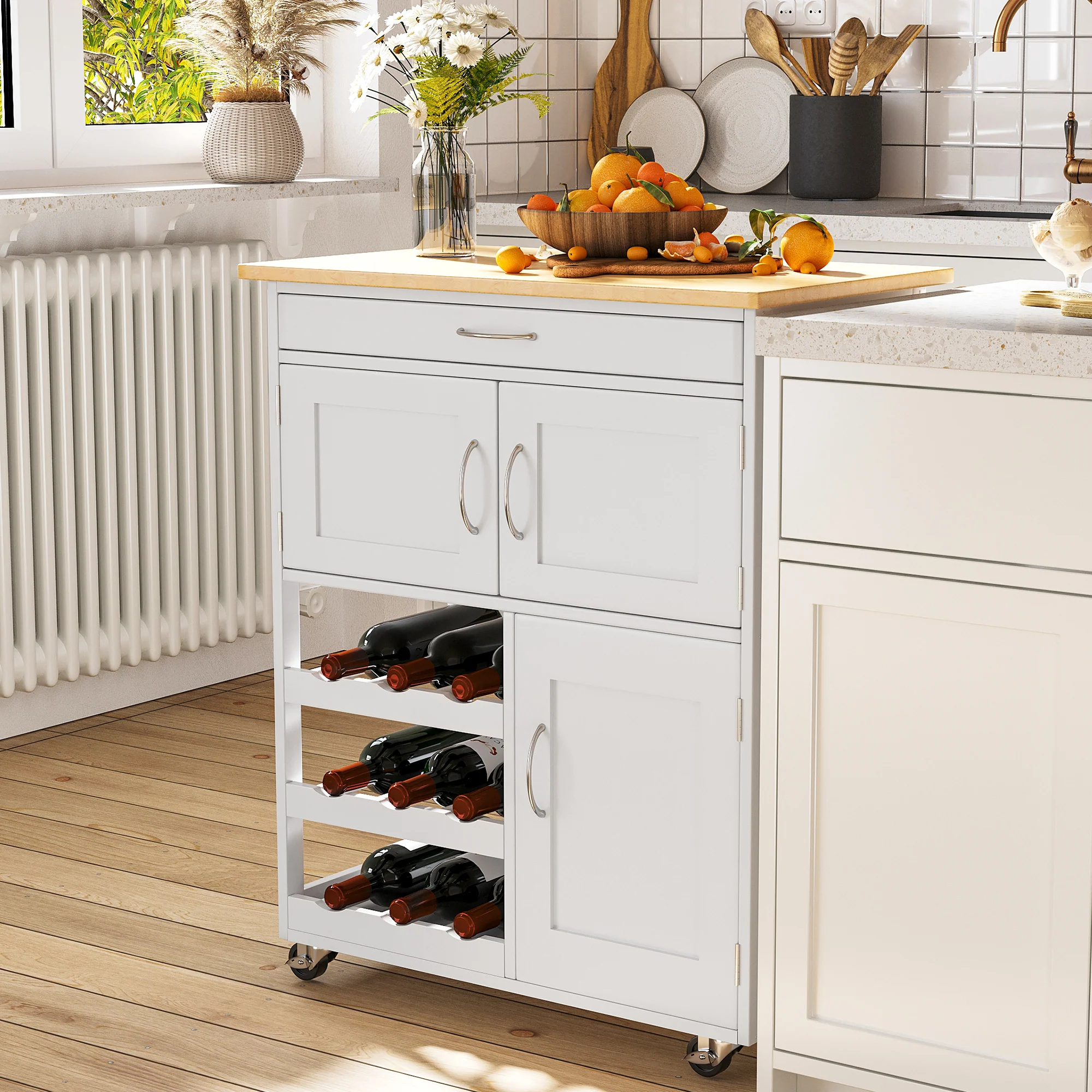 Rolling Kitchen Island with 9 Bottle Wine Rack and Storage Cabinets, White - Image 4