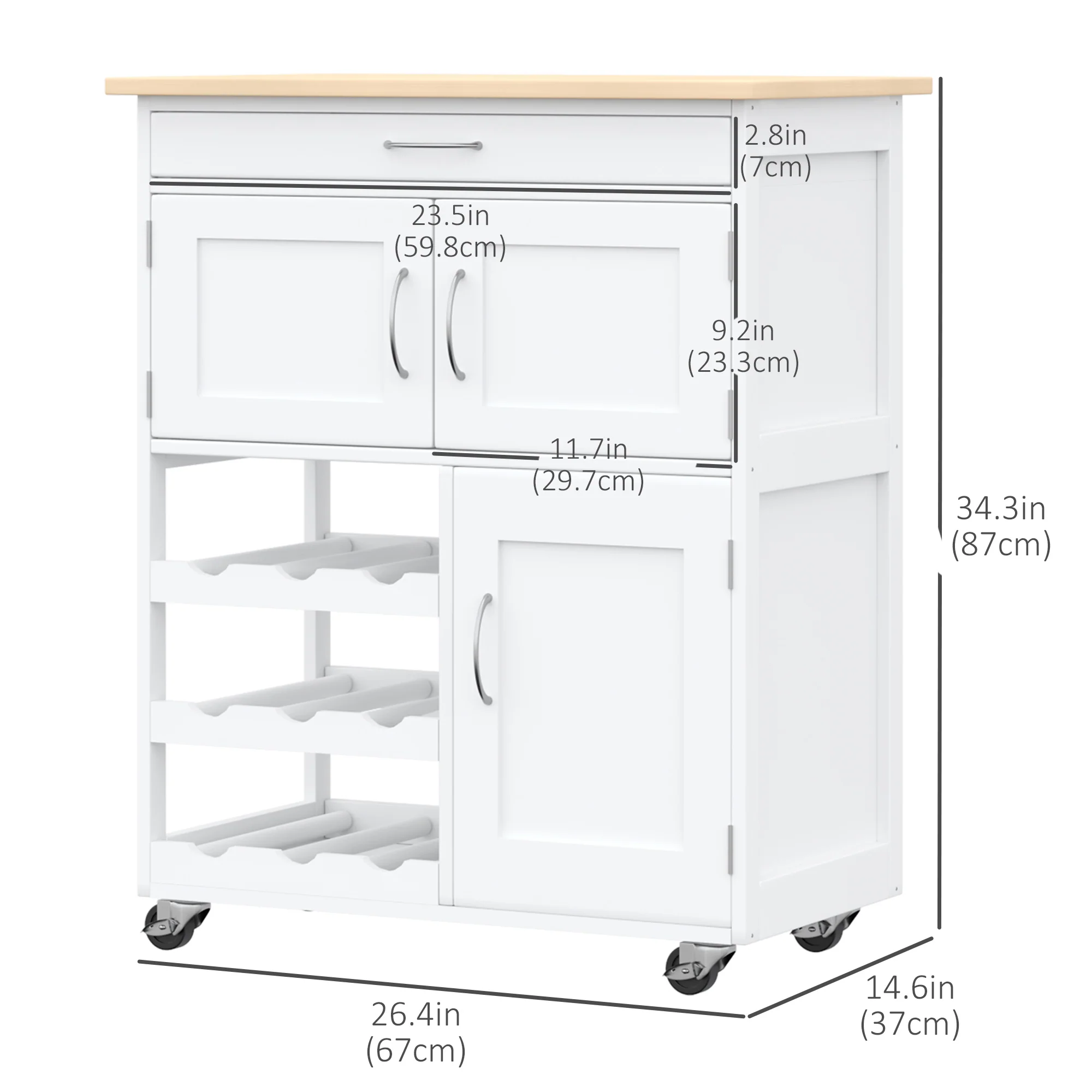 Rolling Kitchen Island with 9 Bottle Wine Rack and Storage Cabinets, White - Image 5