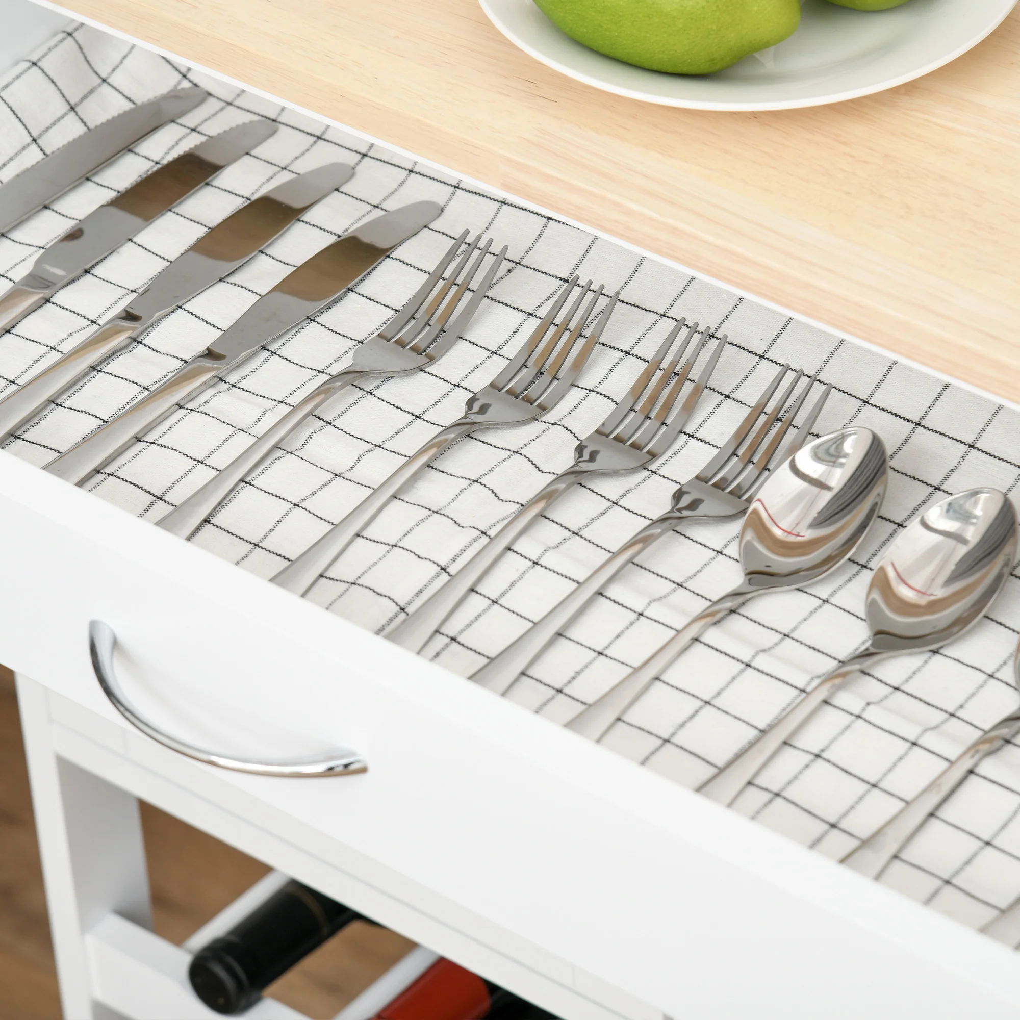 Rolling Kitchen Island with 9 Bottle Wine Rack and Storage Cabinets, White - Image 9