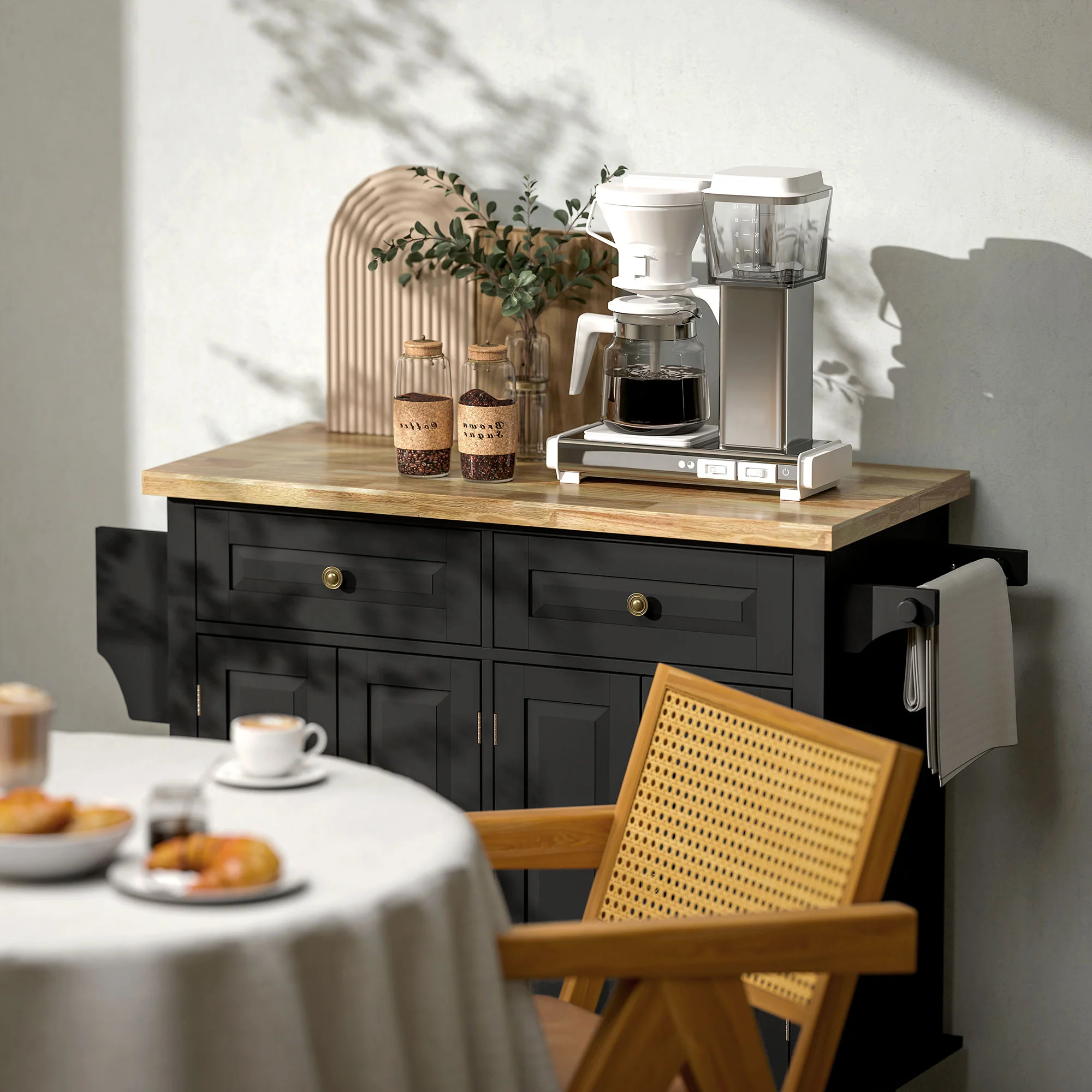 GlideSpace Rolling Kitchen Island Storage Trolley with Rubber Wood Top for Dining Room, Black - Image 10