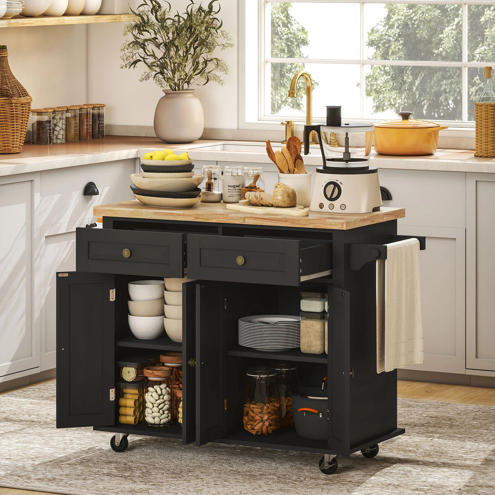 GlideSpace Rolling Kitchen Island Storage Trolley with Rubber Wood Top for Dining Room, Black - Image 3