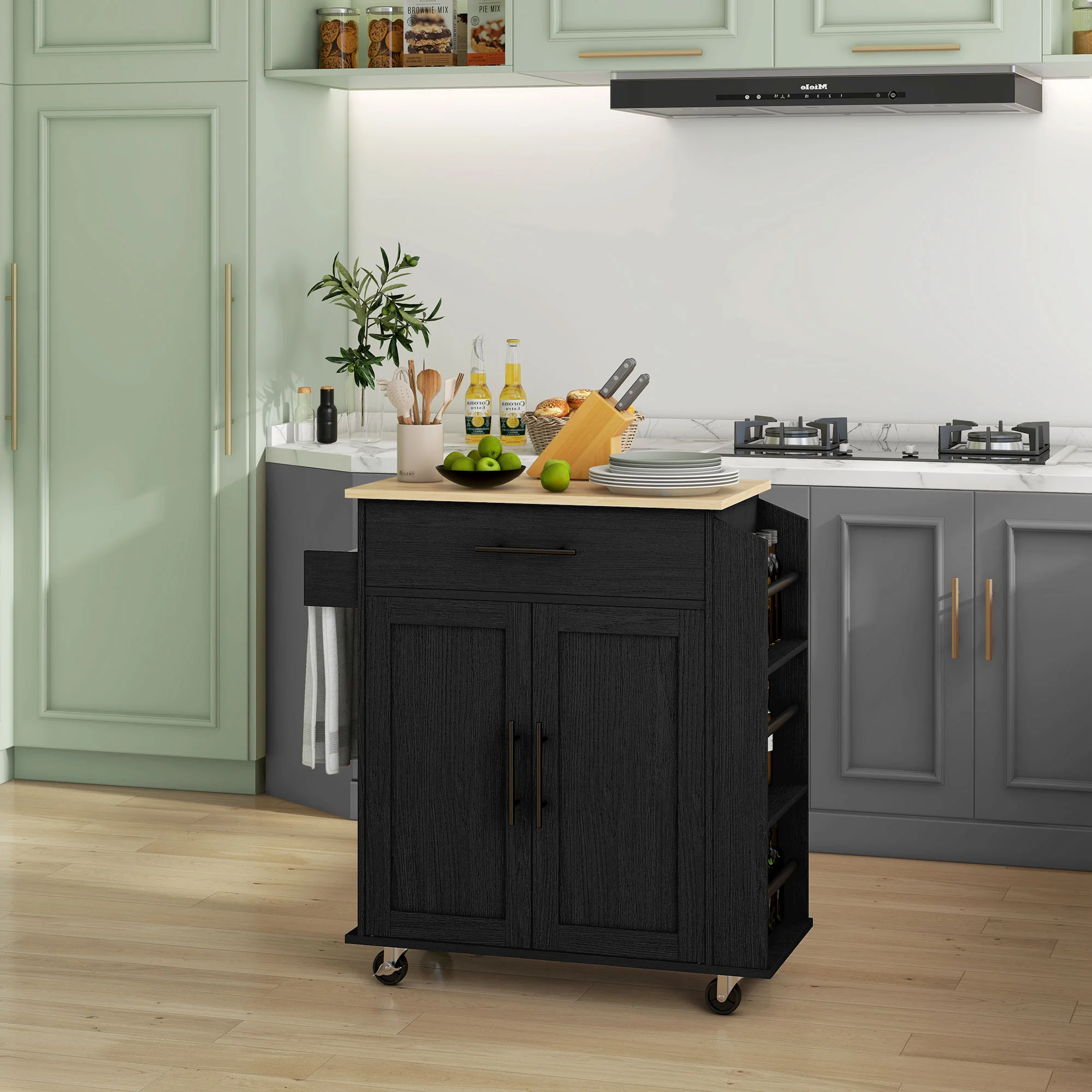 Rolling Kitchen Island with Power Outlet Towel Rack and Spice Rack, Black - Image 10