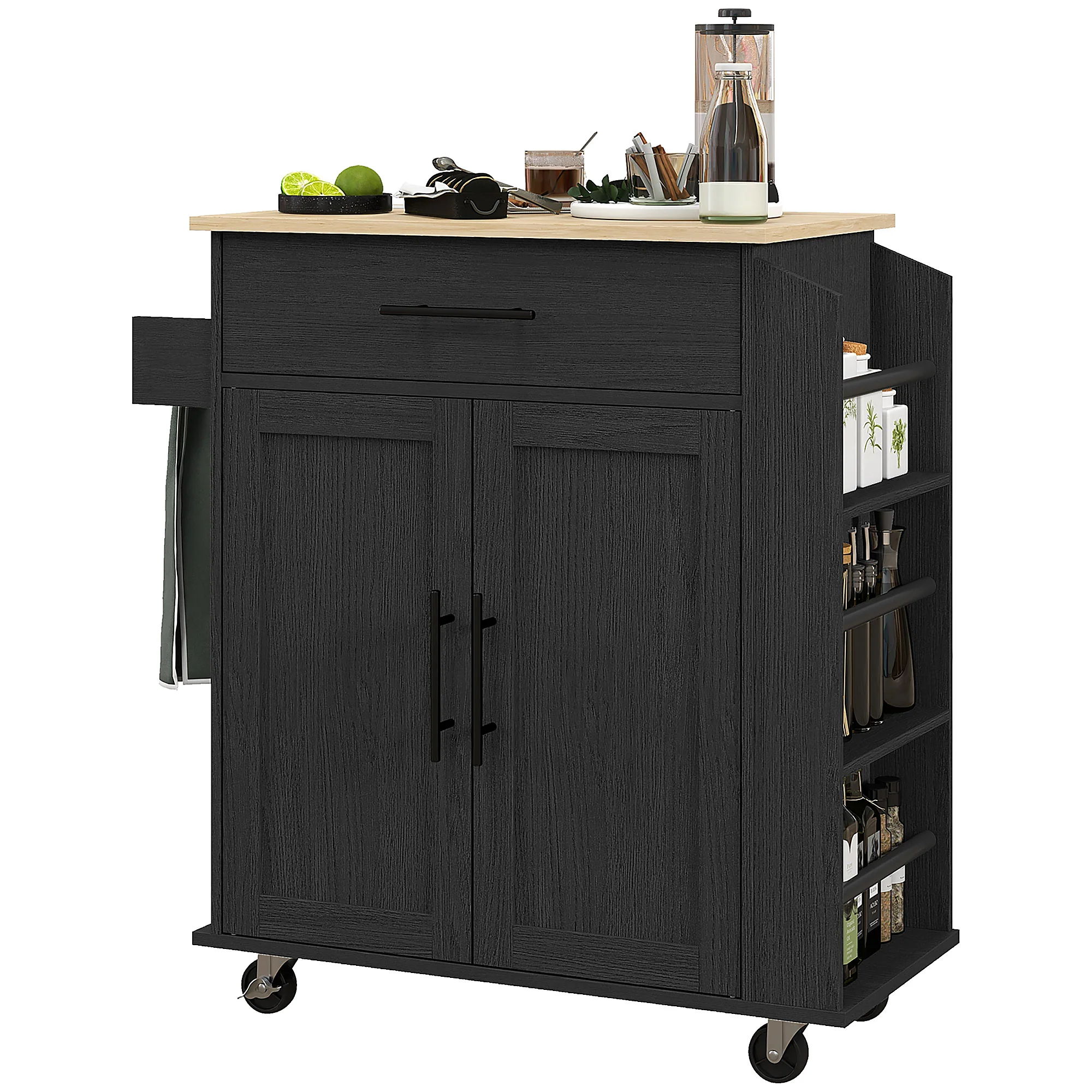 Rolling Kitchen Island with Power Outlet Towel Rack and Spice Rack, Black - Image 2