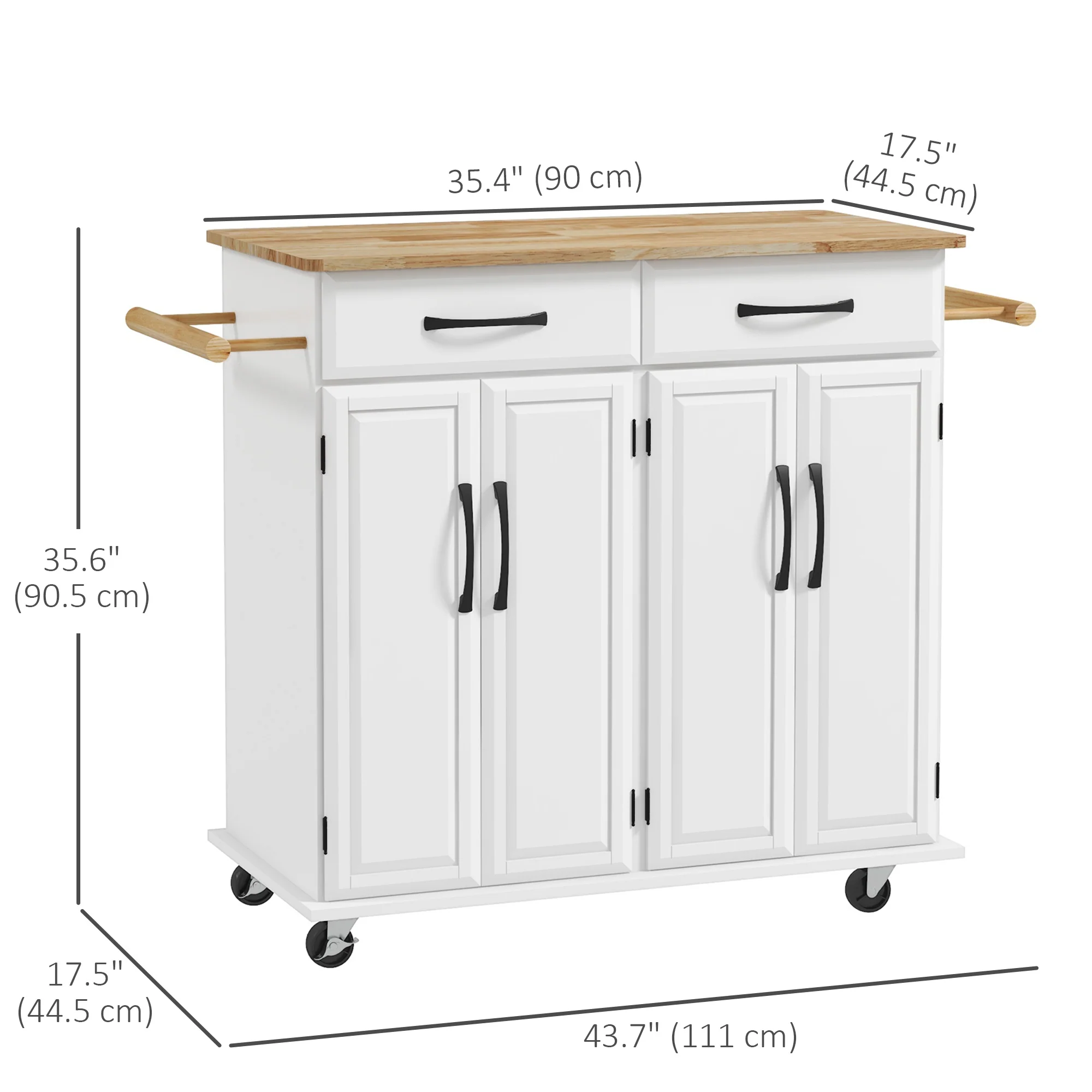 Rolling Kitchen Island with 2 Drawers and Rubberwood Top, White - Image 5
