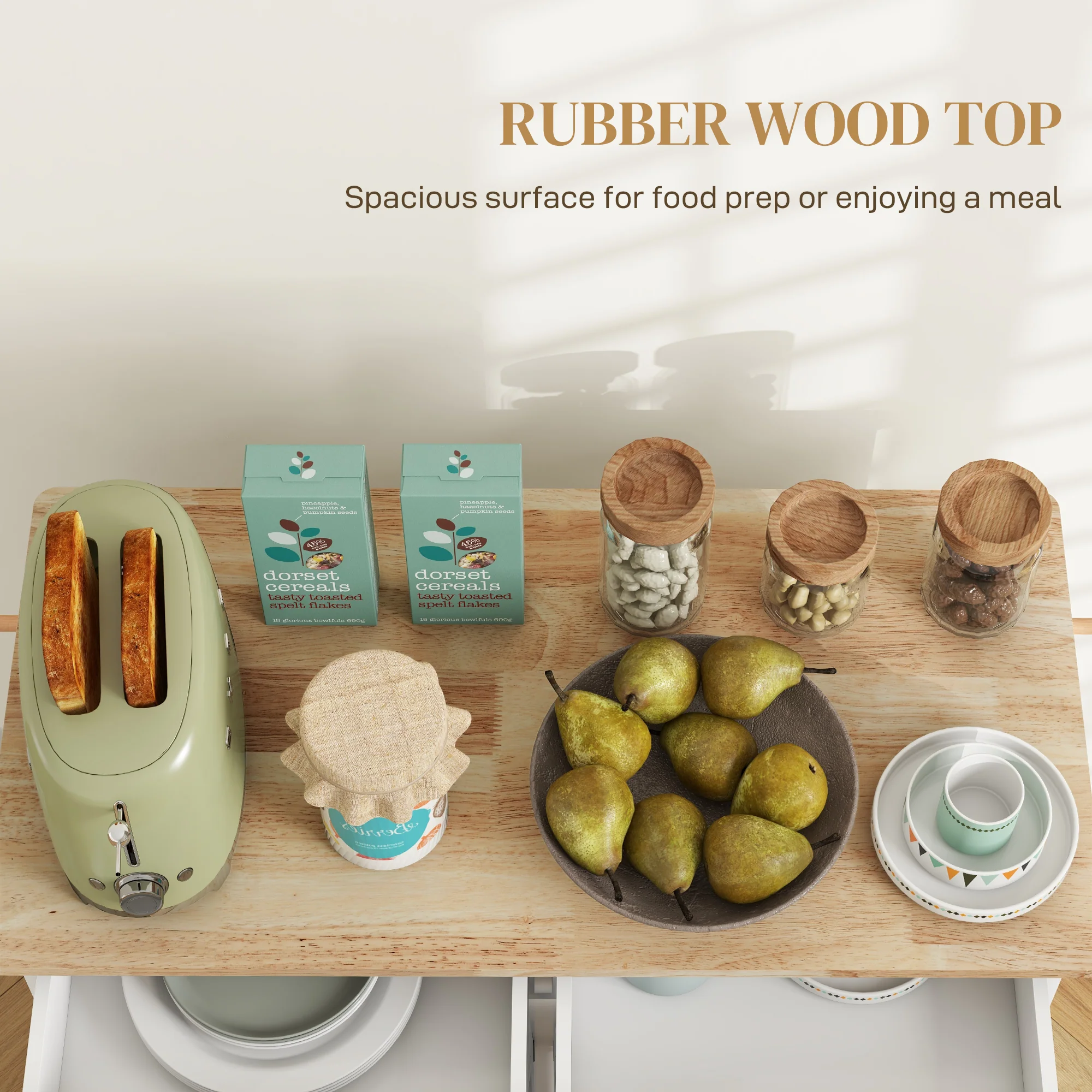 Rolling Kitchen Island with 2 Drawers and Rubberwood Top, White - Image 7