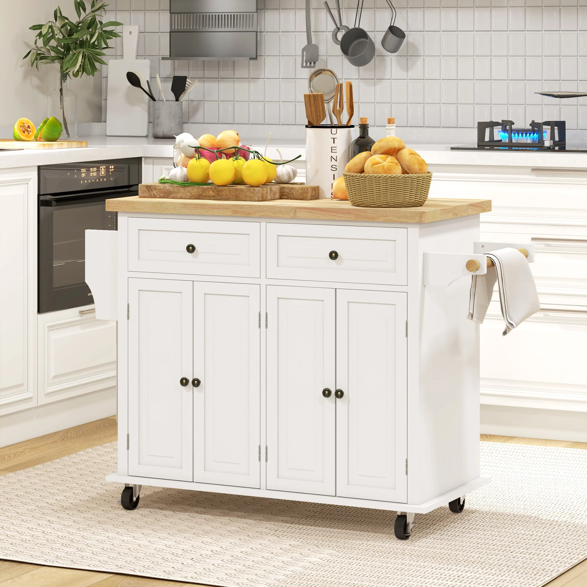 GlideSpace 44"W Butcher Block Cart, Movable Kitchen Island with Cabinets, Cream White - Image 3
