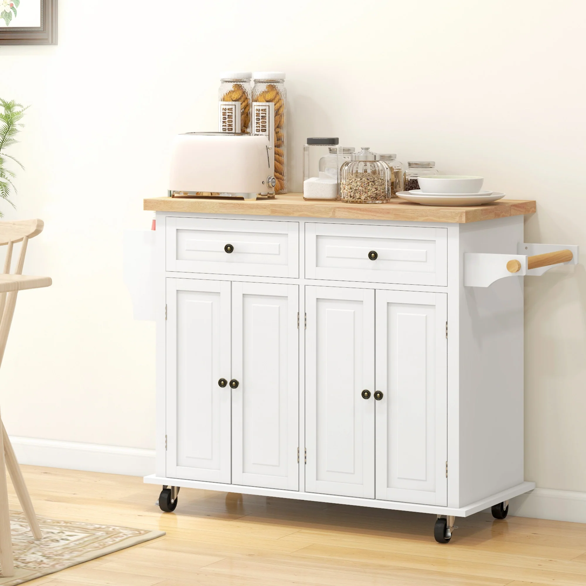 GlideSpace 44"W Butcher Block Cart, Movable Kitchen Island with Cabinets, Cream White - Image 4