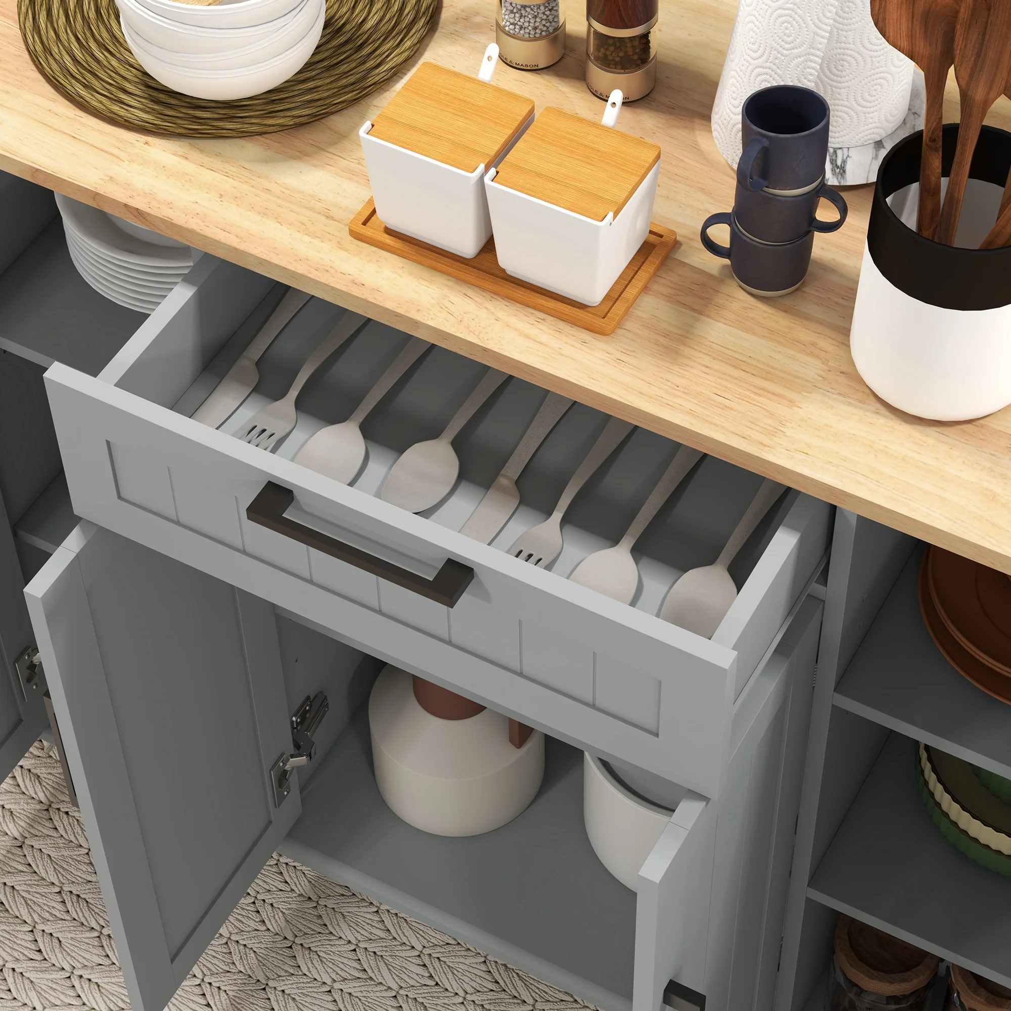 Rolling Kitchen Cart with Rubberwood Top and Adjustable Shelves, Grey - Image 11
