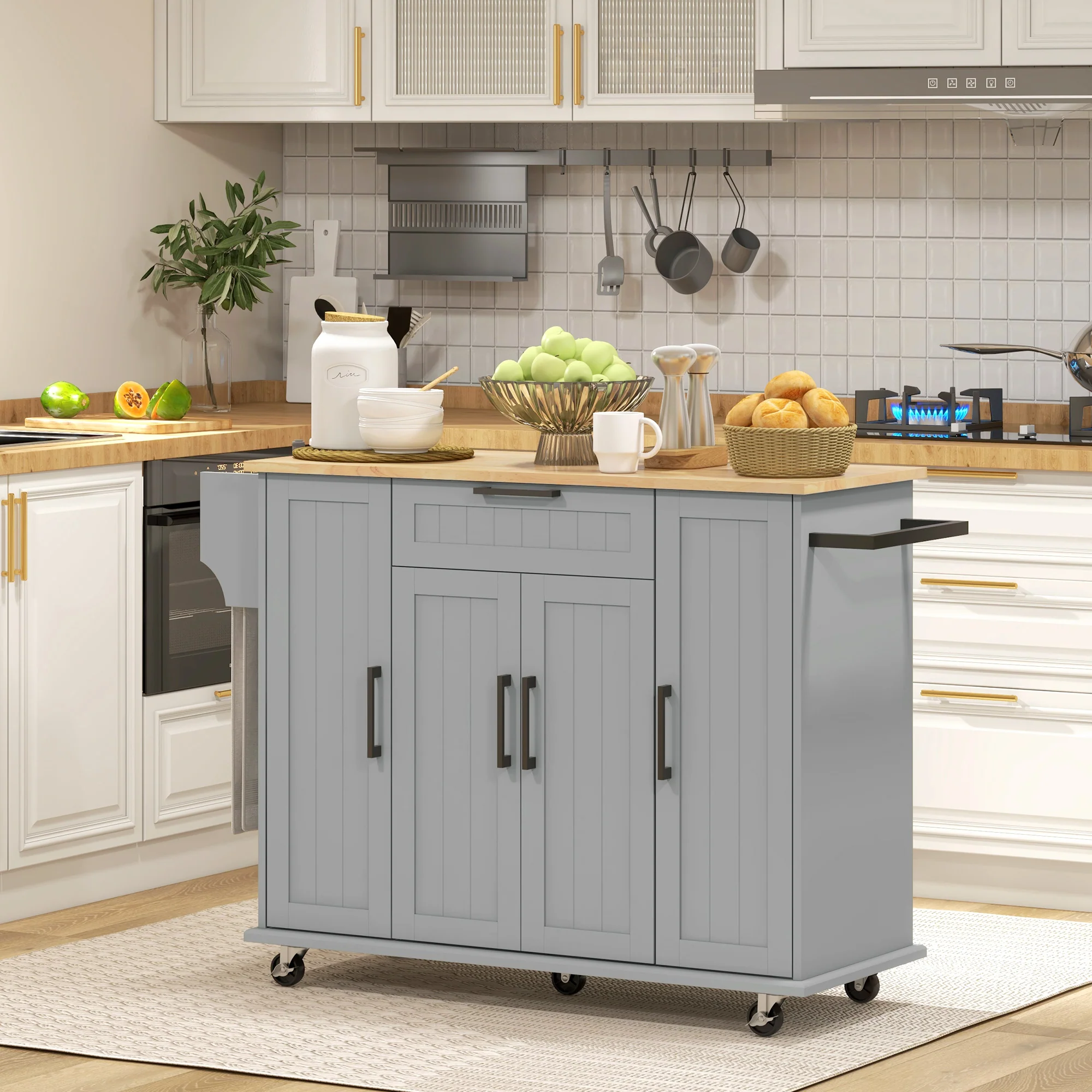 Rolling Kitchen Cart with Rubberwood Top and Adjustable Shelves, Grey - Image 3