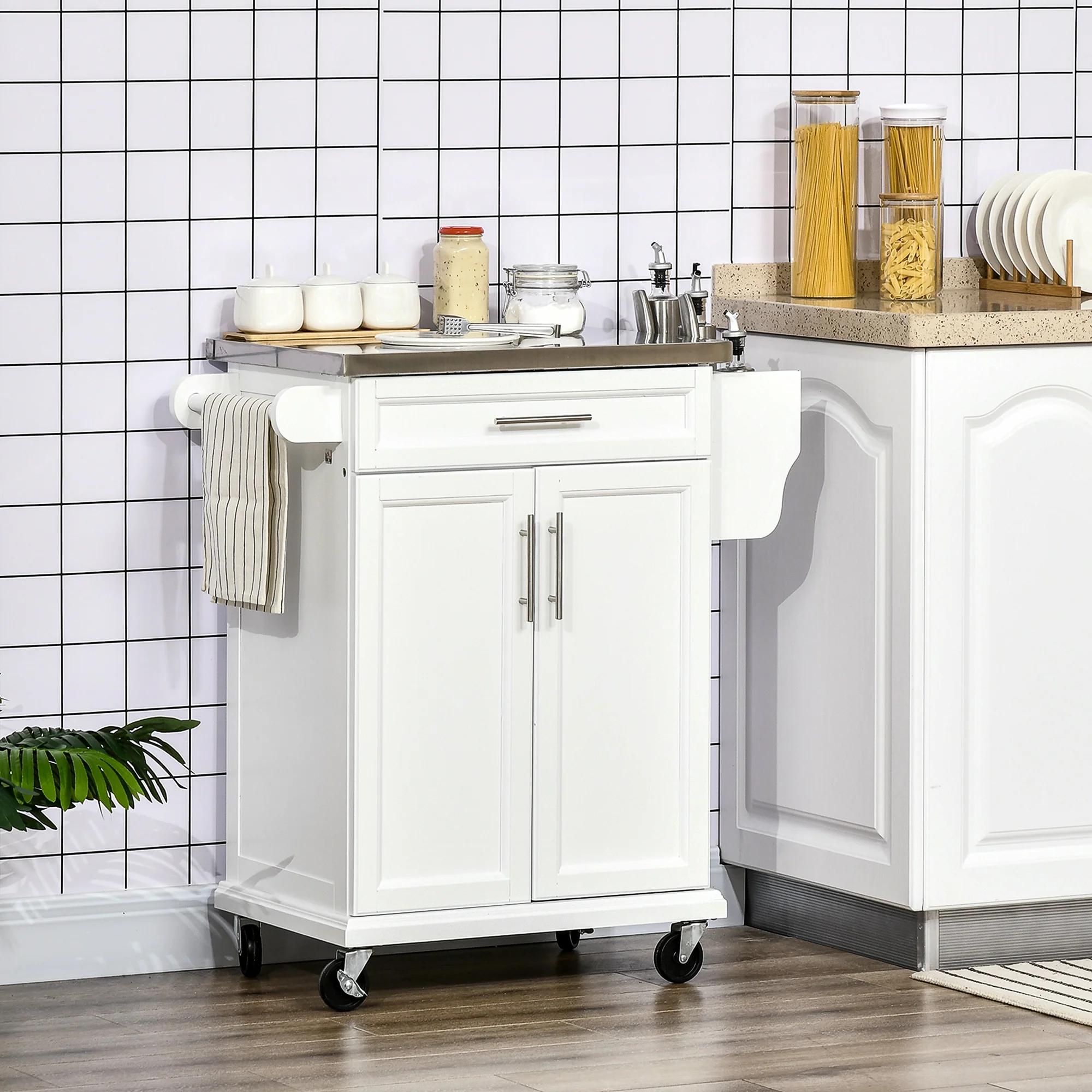 Stainless Steel Rolling Kitchen Cart with Storage Drawer, White - Image 4