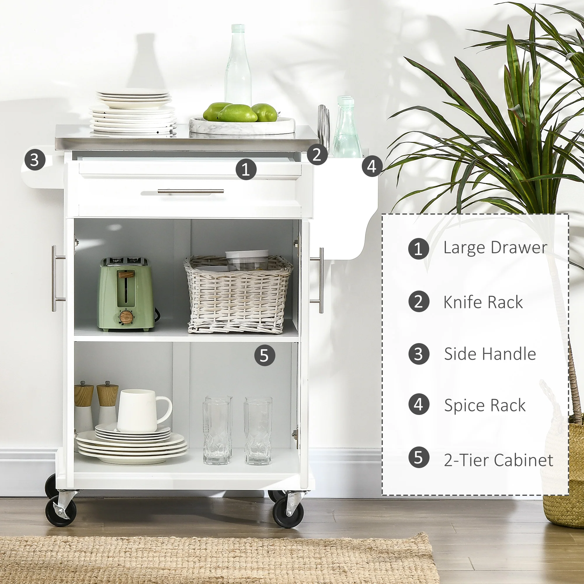 Stainless Steel Rolling Kitchen Cart with Storage Drawer, White - Image 6