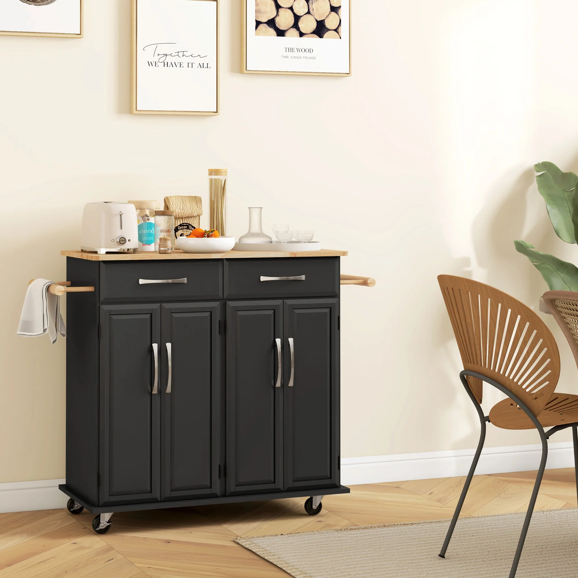 Rolling Kitchen Island with 2 Drawers and Rubberwood Top, Black - Image 4